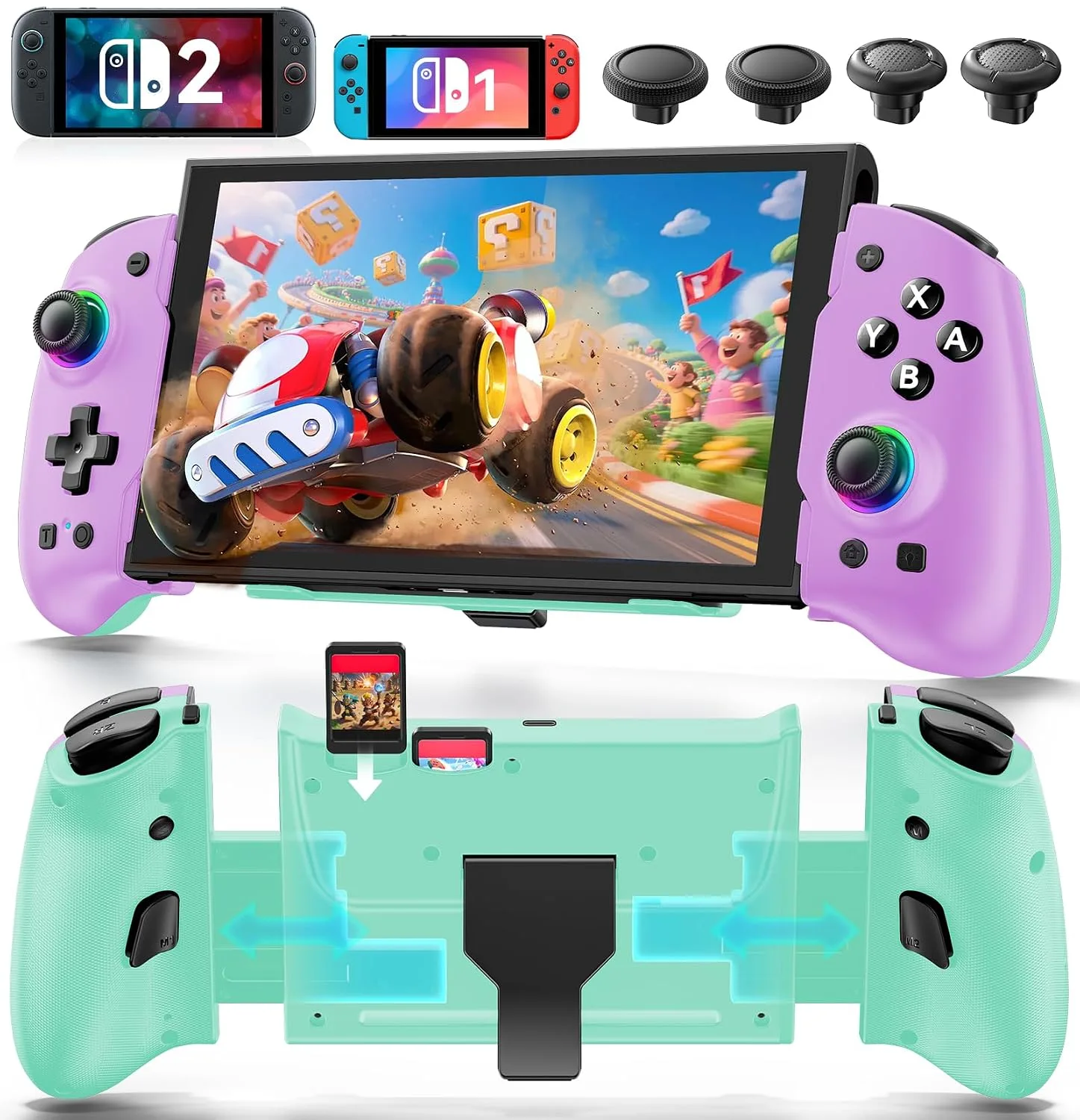 OIVO Switch 1/2 Controller for Original/OLED/Switch 2 Console, Stretchable Switch Handheld Joypad Ergonomic Grip for NS Pro Controller with RGB Light, TMR Joystick, Turbo, 4 Macro, Purple & Green