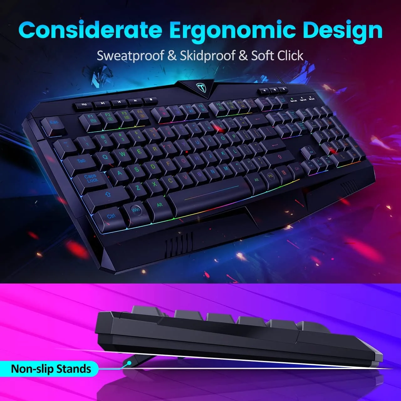 Gaming Keyboard, Full Size RGB Backlit Quiet Computer Keyboard, Wrist Rest, Silent Keys, Multimedia Keys, Anti-ghosting, Waterproof Light Up USB Wired Keyboard for PC Mac Xbox Gamer Office