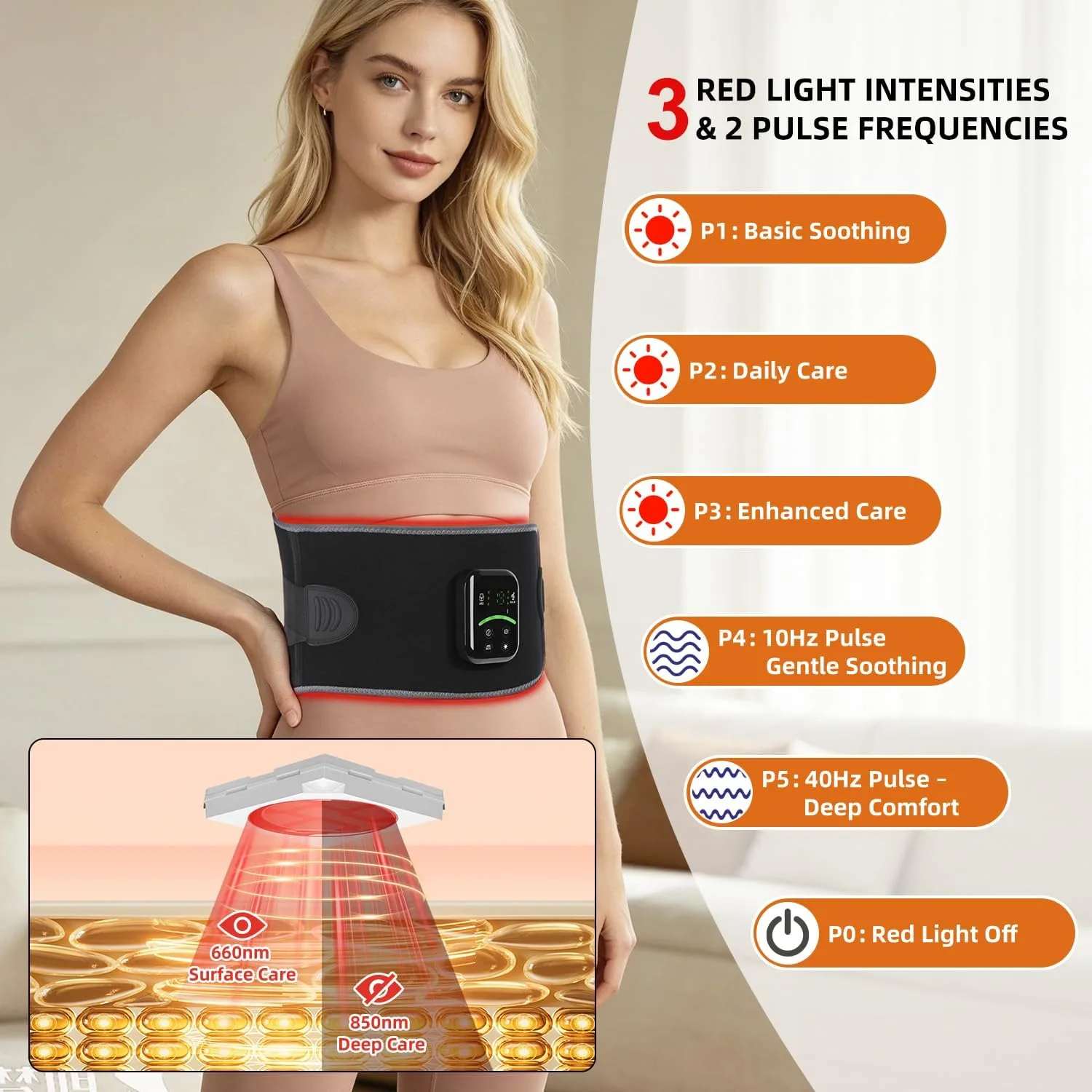 Red Light Therapy Belt for Body, Cordless Warmth & Massage, 660nm & 850nm