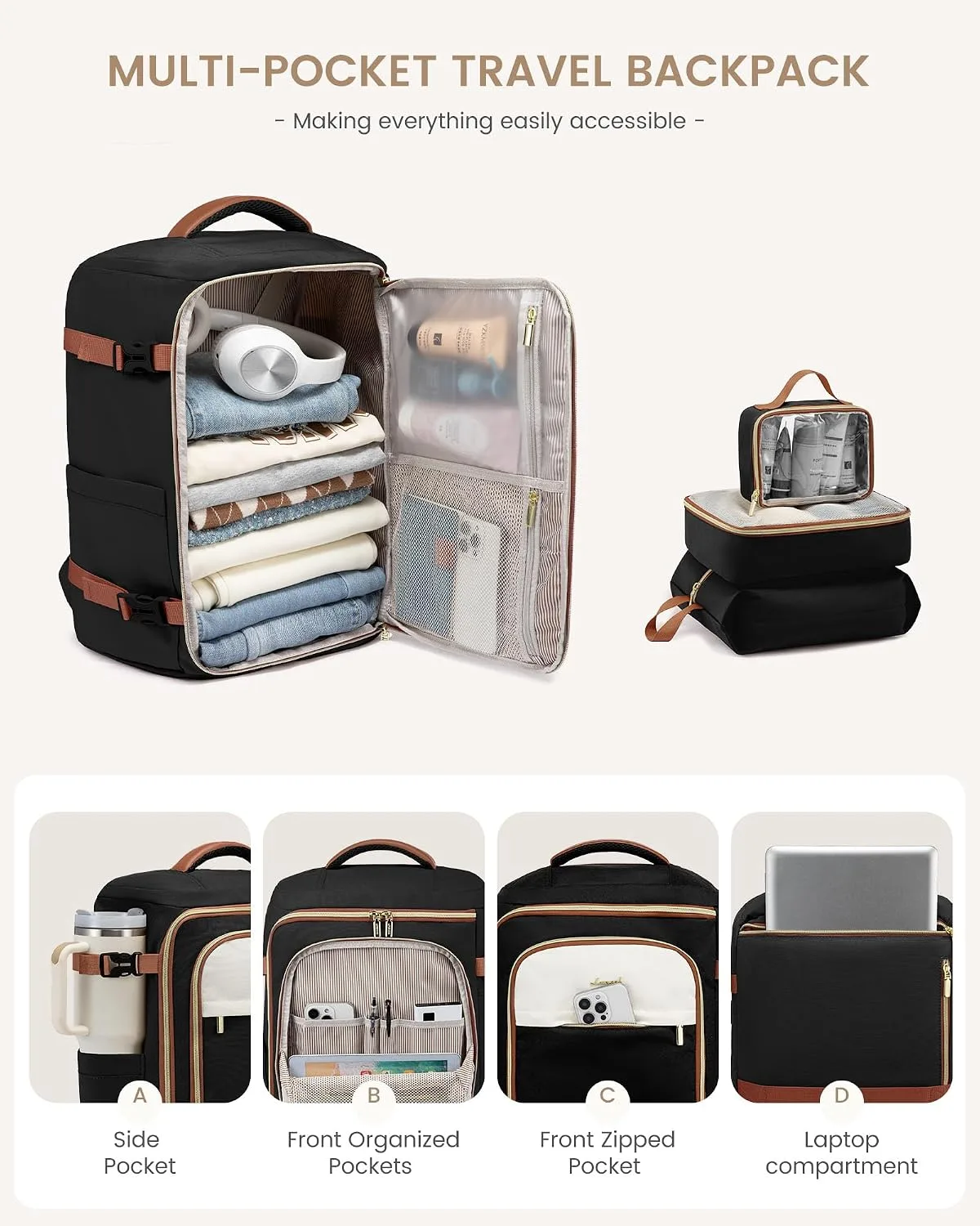 LOVEVOOK 40L Travel Backpack Carry on Flight Approved,Personal Item Bag with 3 Packing Cubes,Travel Backpack Bag for Women Fits 17 Inch Laptop,Water-resistant Carry On Backpack for Airplanes