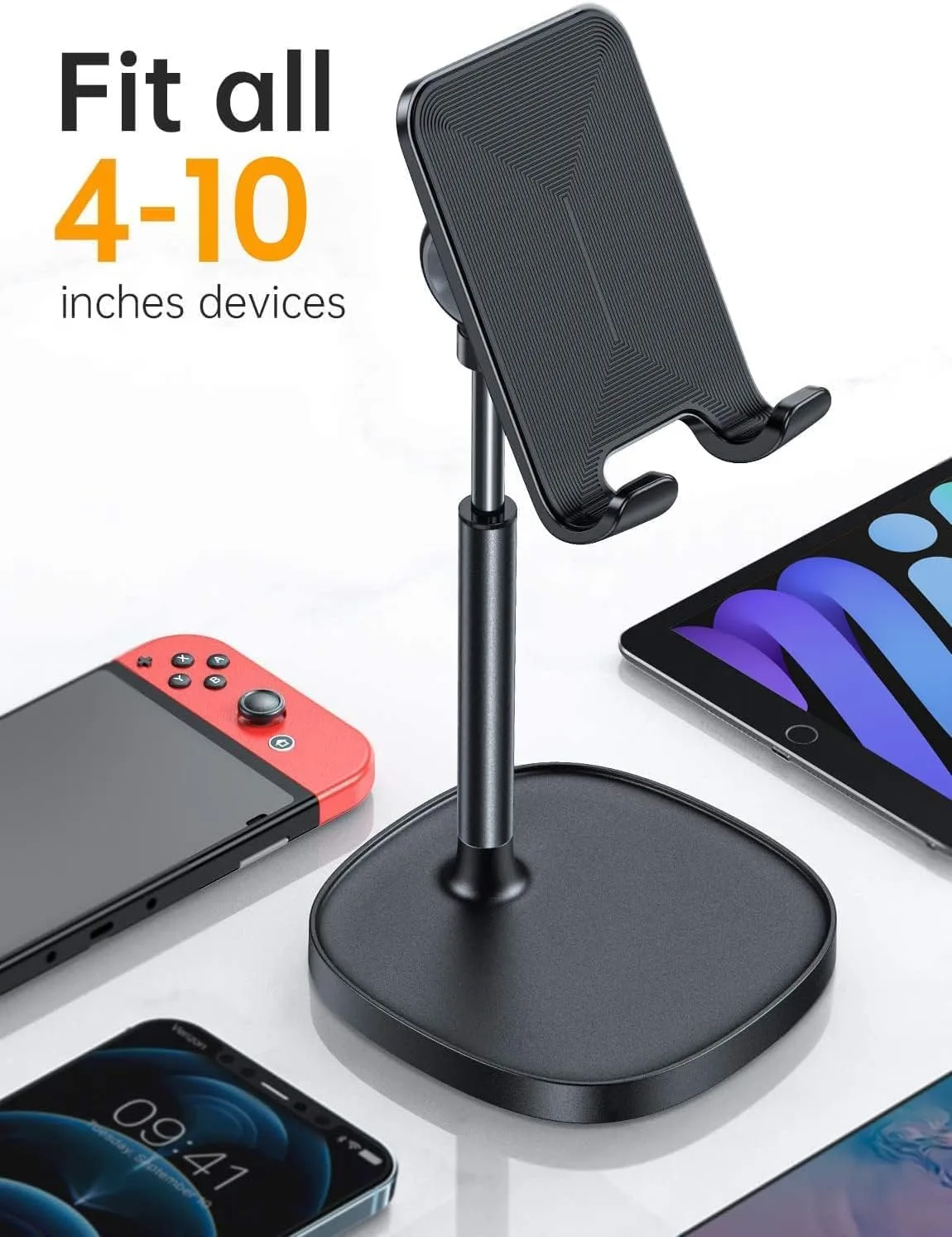 LISEN Cell Phone Stand Adjustable Phone Holer for Desk, Computer Office Desk Accessories for iPhone 16 Holder Women Kitchen Essentials Fits Switch Kindle iPads Tablet 4-10in (Full Black)