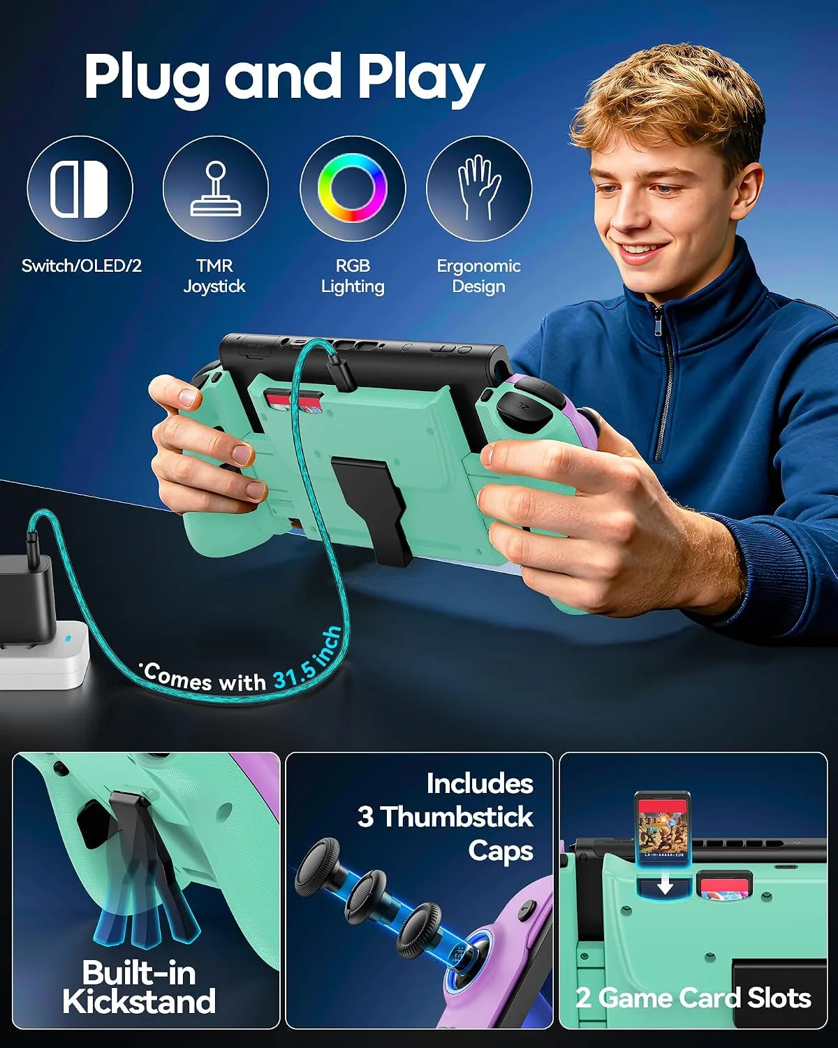 OIVO Switch 1/2 Controller for Original/OLED/Switch 2 Console, Stretchable Switch Handheld Joypad Ergonomic Grip for NS Pro Controller with RGB Light, TMR Joystick, Turbo, 4 Macro, Purple & Green