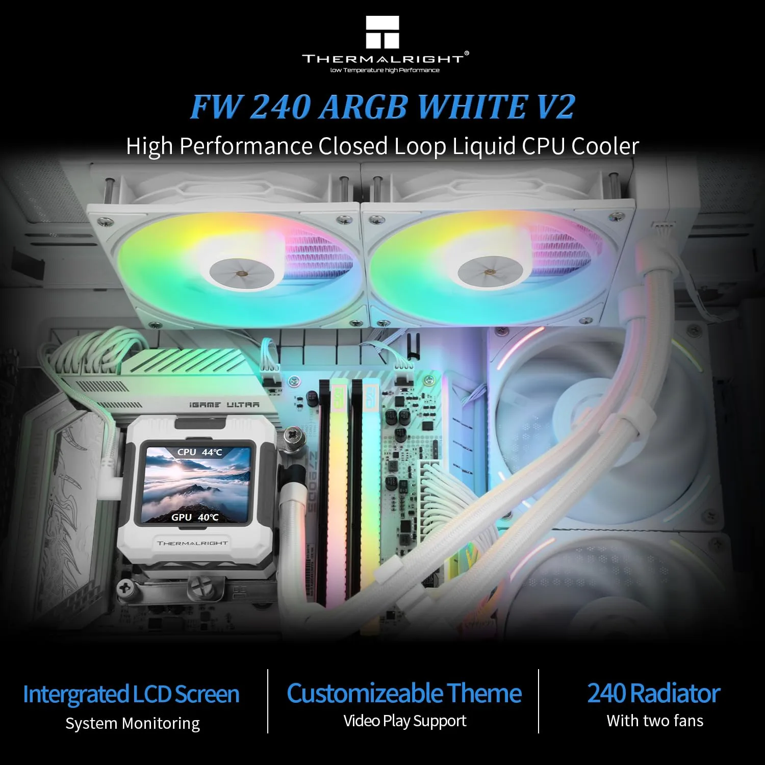 Thermalrlght FW240 White ARGB V2 CPU Water Cooler with 2 PWM Fans with 2000RPM,IPS LCD Screen with 320 * 240 Resolution,Liquid CPU Cooler,CPU PC Aio Cooler for AMD:AM4/AM5/Intel LGA1700