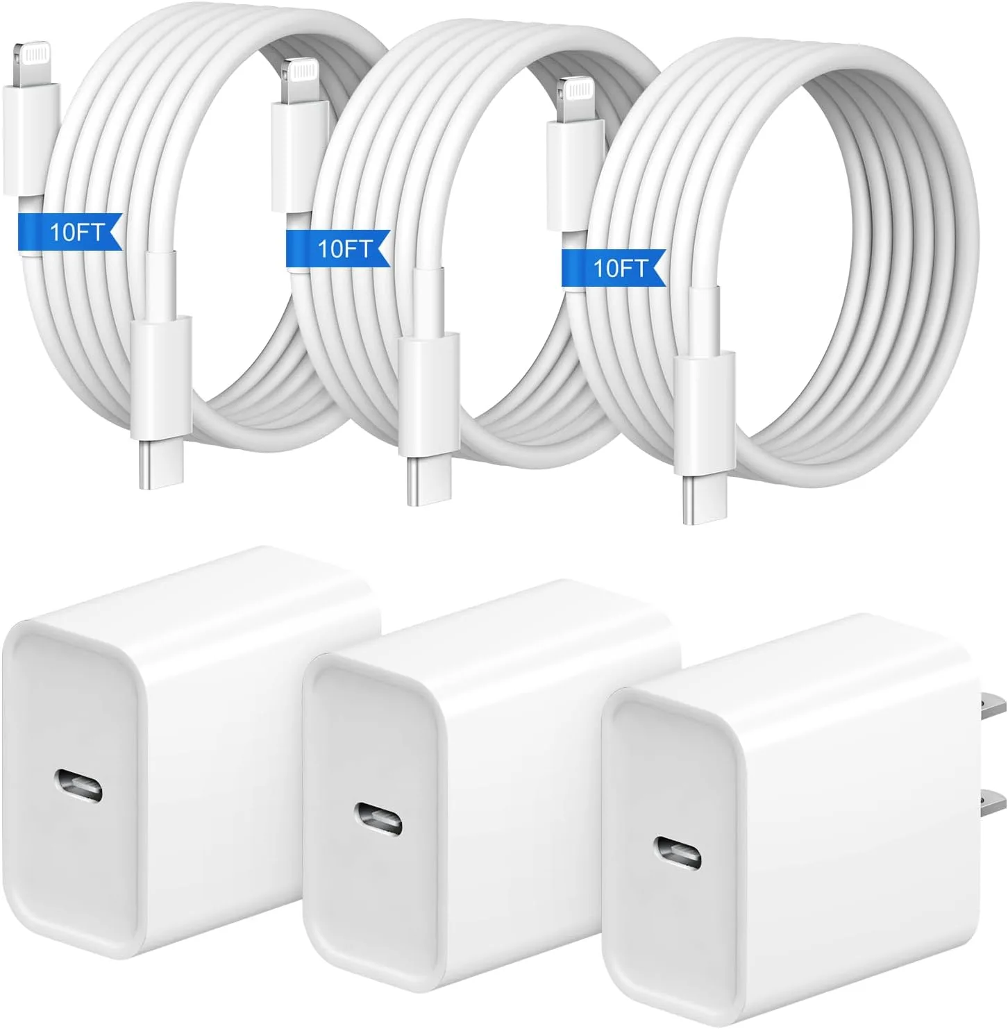 iPhone Fast Charger 3+3Pack 20W USB C Wall Charger with Extra Long 10FT Fast Charging Cable Compatible with iPhone 14/13/12/11/Pro/Pro Max