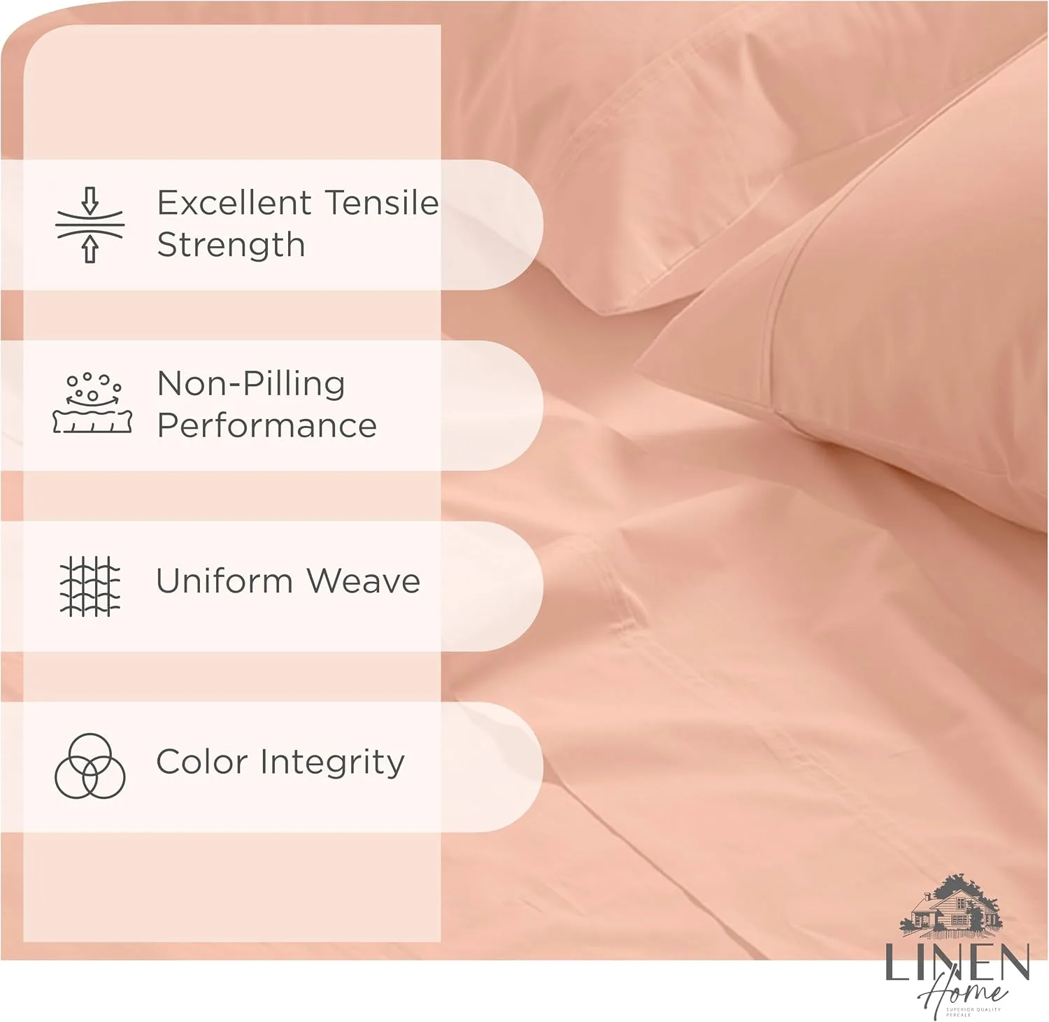 Linen Home 100% Cotton Percale King Sheets, 4Pc Cooling Set Tropical Peach