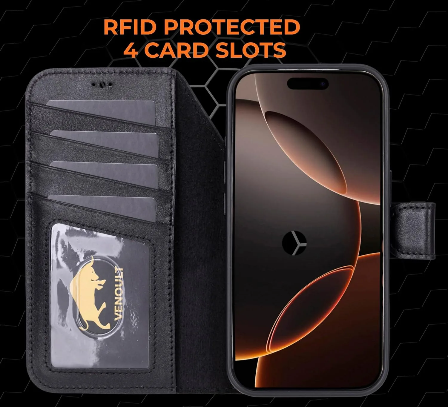 VENOULT Wallet Case for iPhone, Full Grain Genuine Turkish Leather, Magnetic Detachable, RFID 4 Card Slots, Business Style, Compatible with MagSafe (Rustic Black, iPhone 17 Pro MAX)