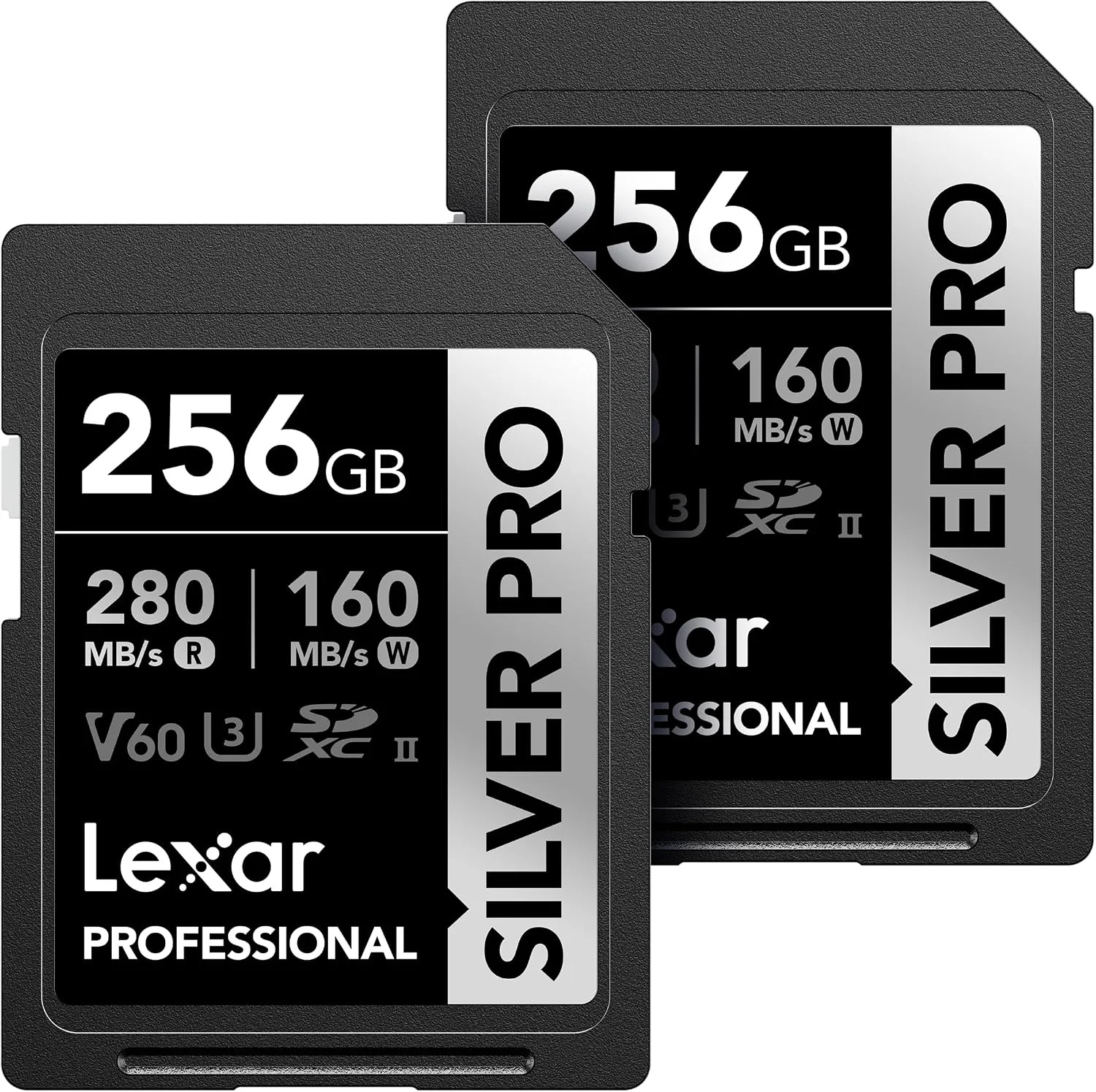 Lexar 256GB 2-Pack Silver PRO SD Card, 280MB/s Read, 4K, V60, U3, UHS-II