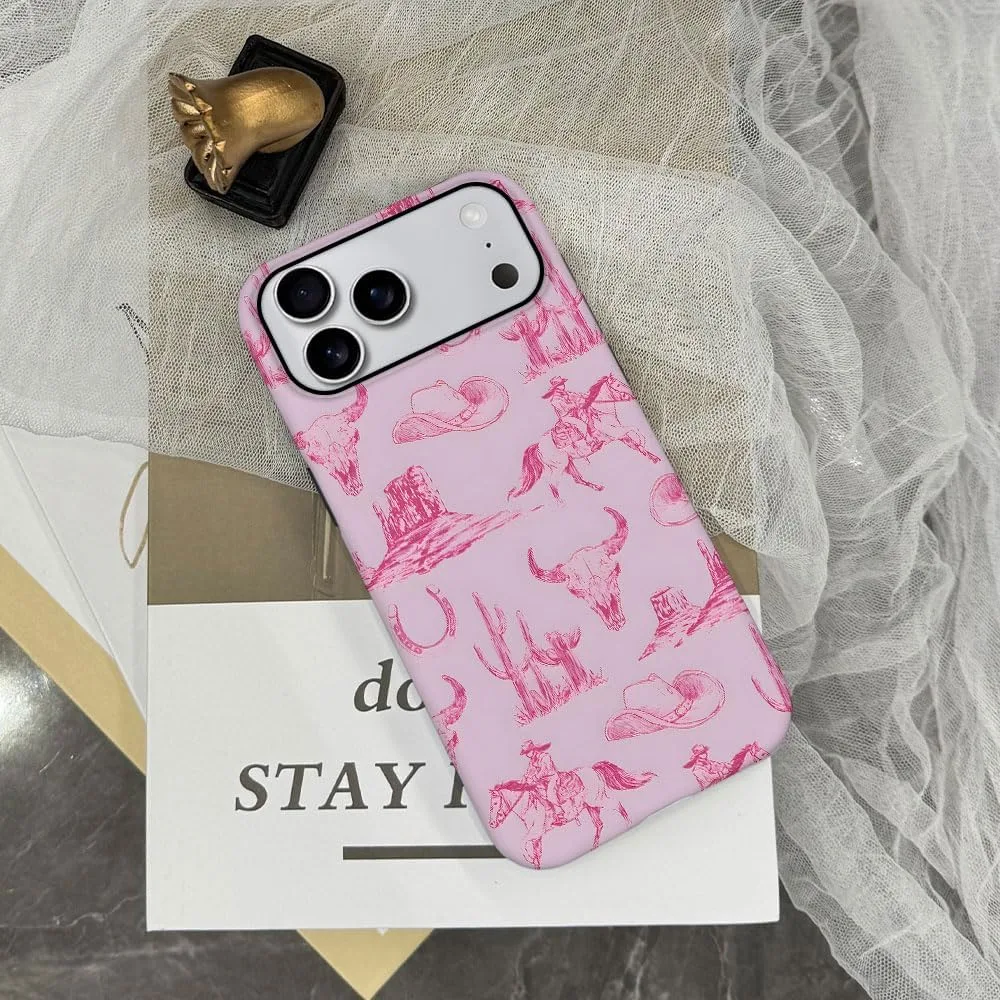 Case Compatible with iPhone 18 Pro Max/iPhone 17 Pro Max,Fall Prevention Hybrid 2-Layer Hard Shell Phone Cover for Girls Boys,Pink Hat Horse Western Cowboy
