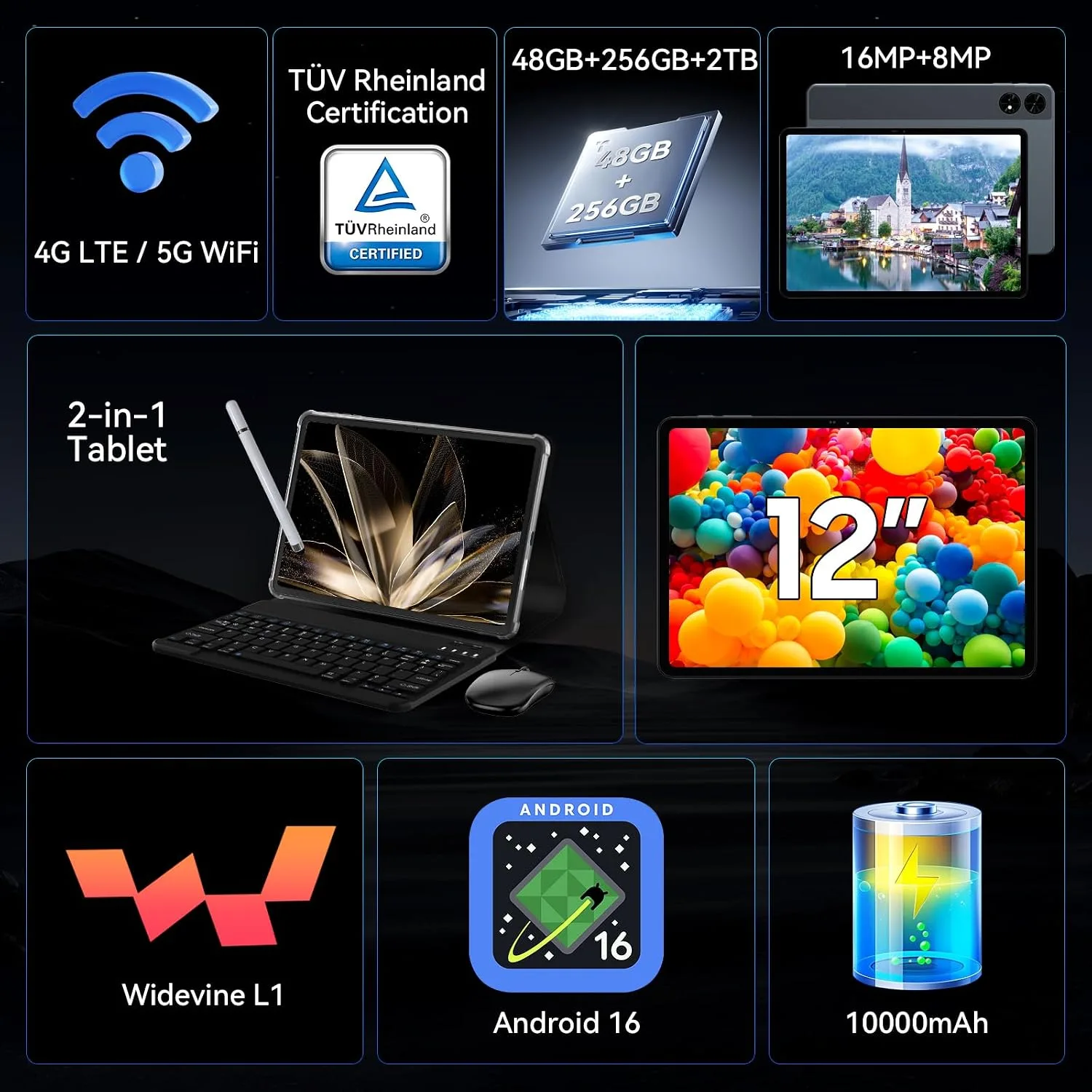 2026 Upgraded 12.2 inch Tablet, Android 16 Tablet with Keyboard, 2.5K QHD Display for High-Res Gaming/Art/Productivity, Up to 48GB+256GB+2TB TF,Octa-Core/10000mAh/Widevine L1/GMS/GPS/4-year Warranty