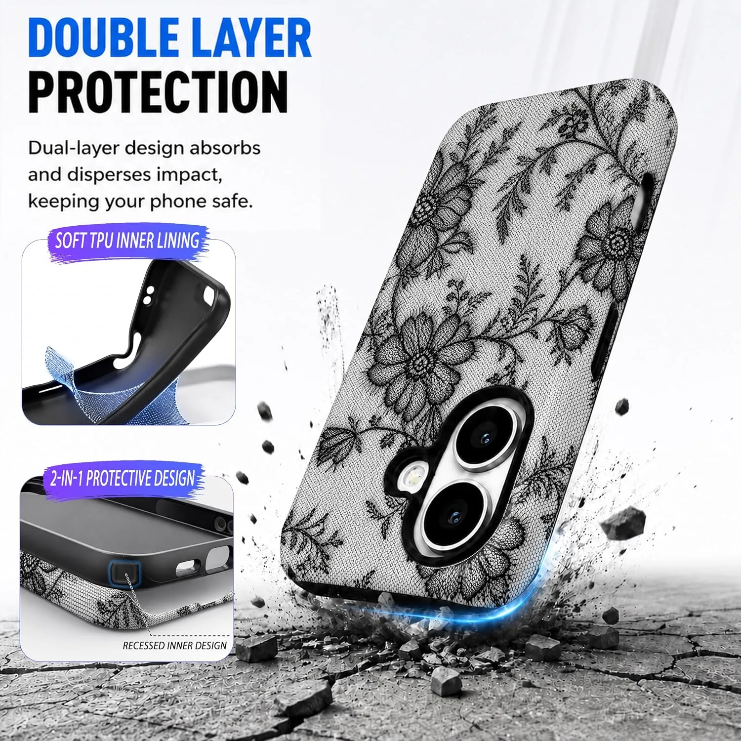Magnetic for iPhone 17 Black Lace Phone Case, Floral and Flower
