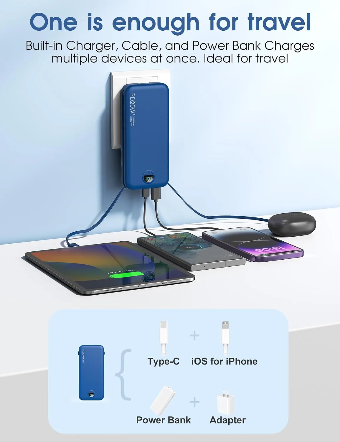 citicr Portable Charger 10000mAh PD20W w/Built-in Cables & Wall Plug Navy