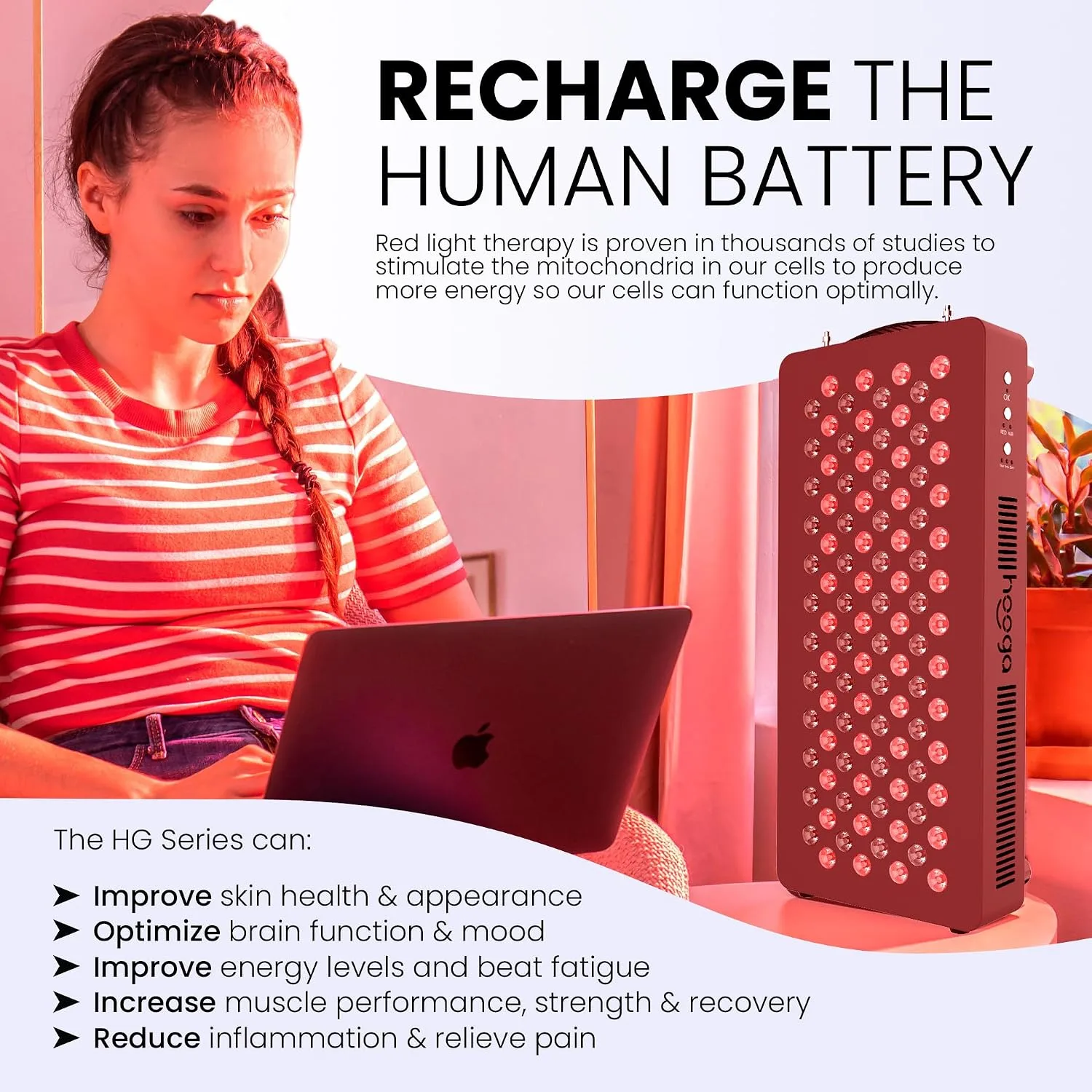 Hooga HG1500 Full Body Red Light Therapy Panel, 300 LEDs, 660nm Red & 850nm Near-Infrared Light, Built-in Timer, Door Hanging Kit