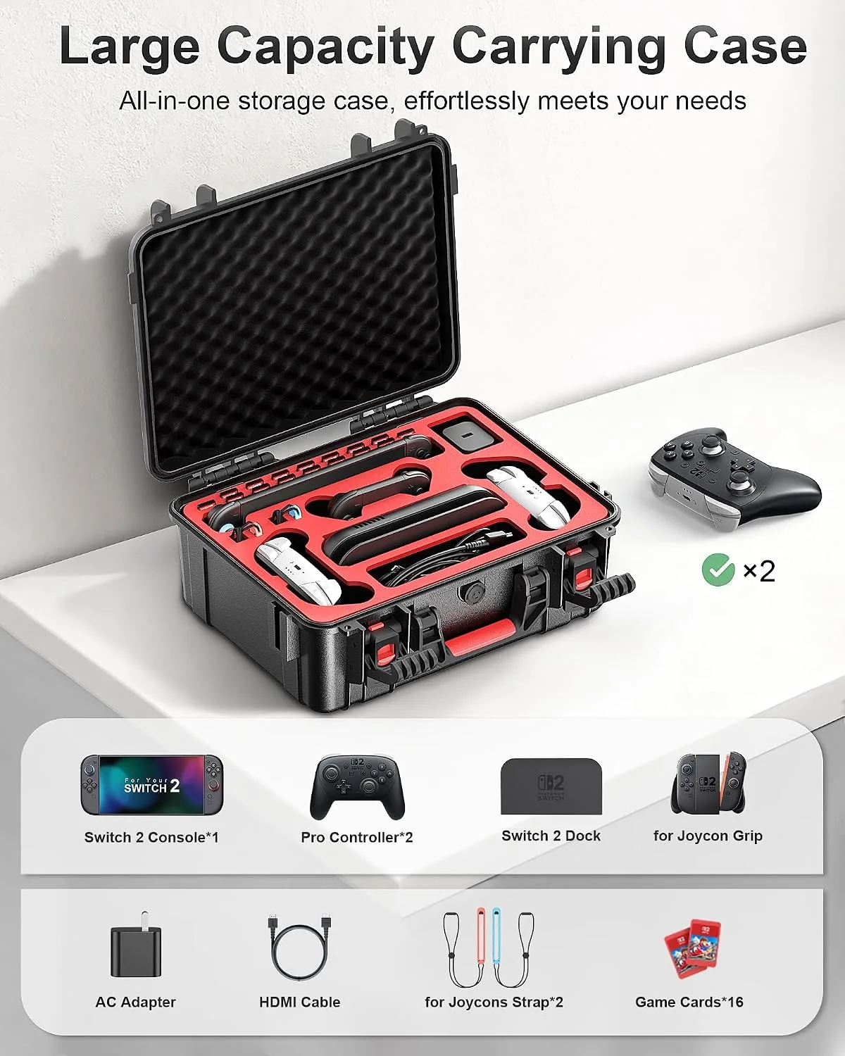 STARTRC GAMES Hard Carrying Case for Nintendo Switch 2, Waterproof Hard Travel Case for Nintendo Switch 2 Console, 2 Pro Controllers, 16 Game Cards and Other Accessories