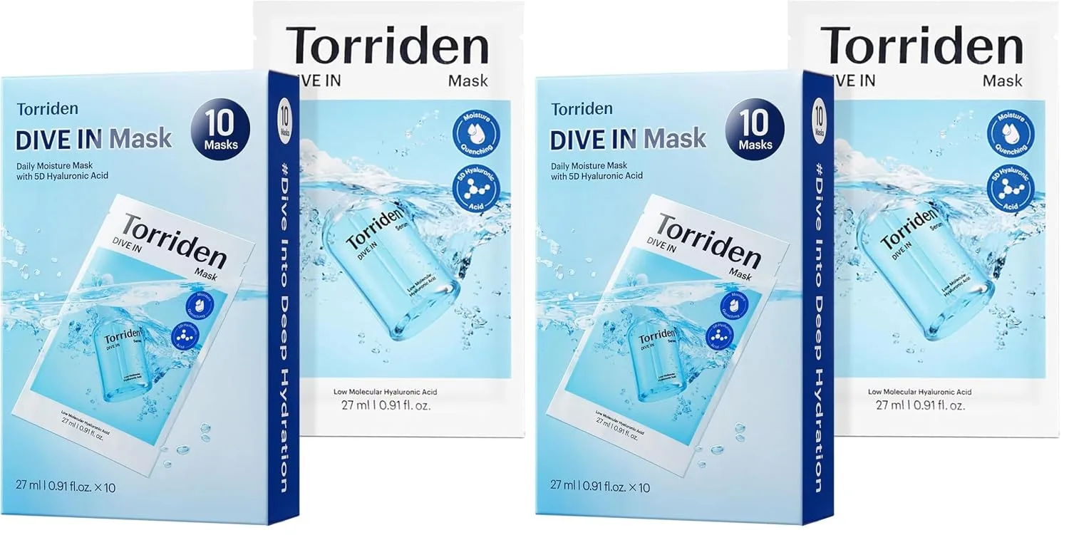 Torriden DIVE IN Hyaluronic Acid Facial Mask (10 sheets) | Deep Hydration Korean Face Sheet Mask | Panthenol & Allantoin | Korean Skincare Mask (Pack of 2)