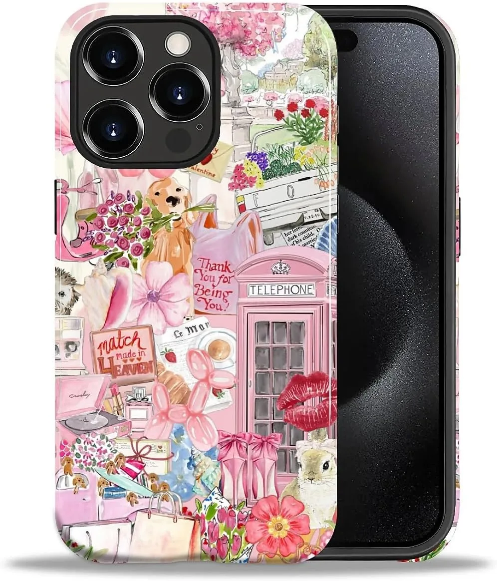 DAIZAG Case for iPhone 15 Pro,Mixed 2 Layer Design Shockproof Soft TPU Ddouble Protection Phone Case for iPhone 15 Pro-Cute Pink Animal Garden Collage