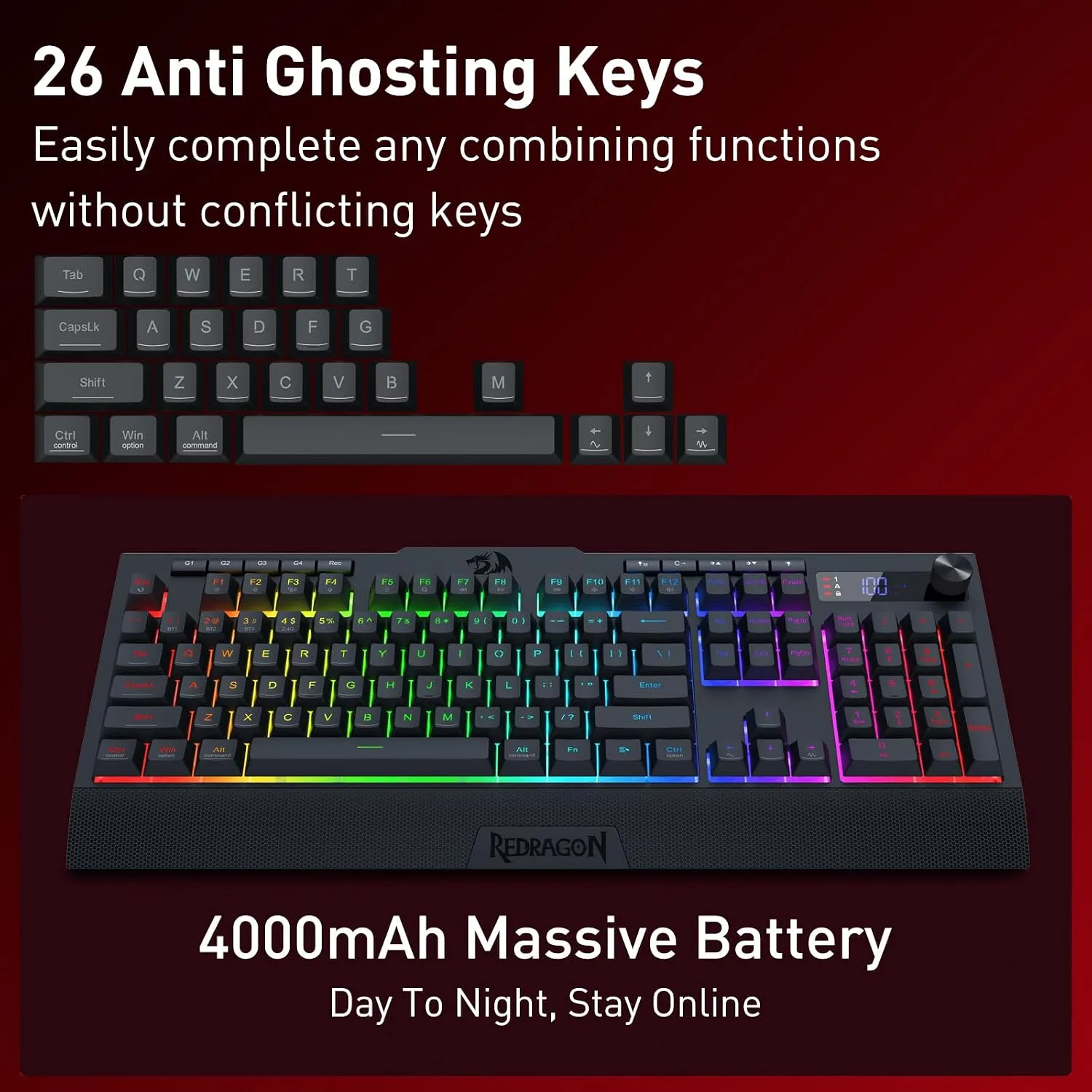 Redragon K525 PRO RGB Wireless Membrane Gaming Keyboard, Screen + Knob