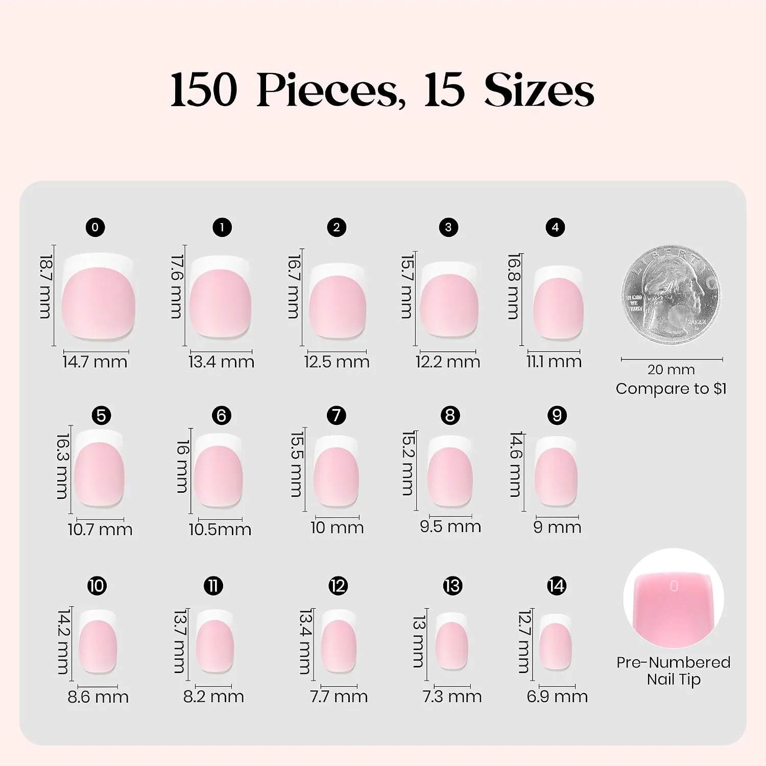 Beetles Pink French Tips Press On Nails- Short Square 150 Pcs