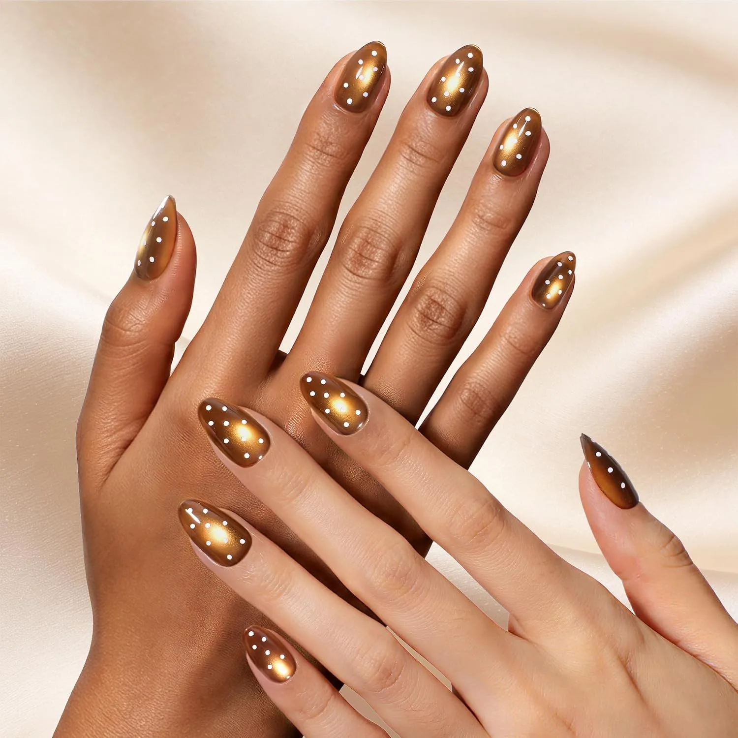 Beetles Halloween Brown Press On Nails Short Almond, 32PCS Polka Dot Design
