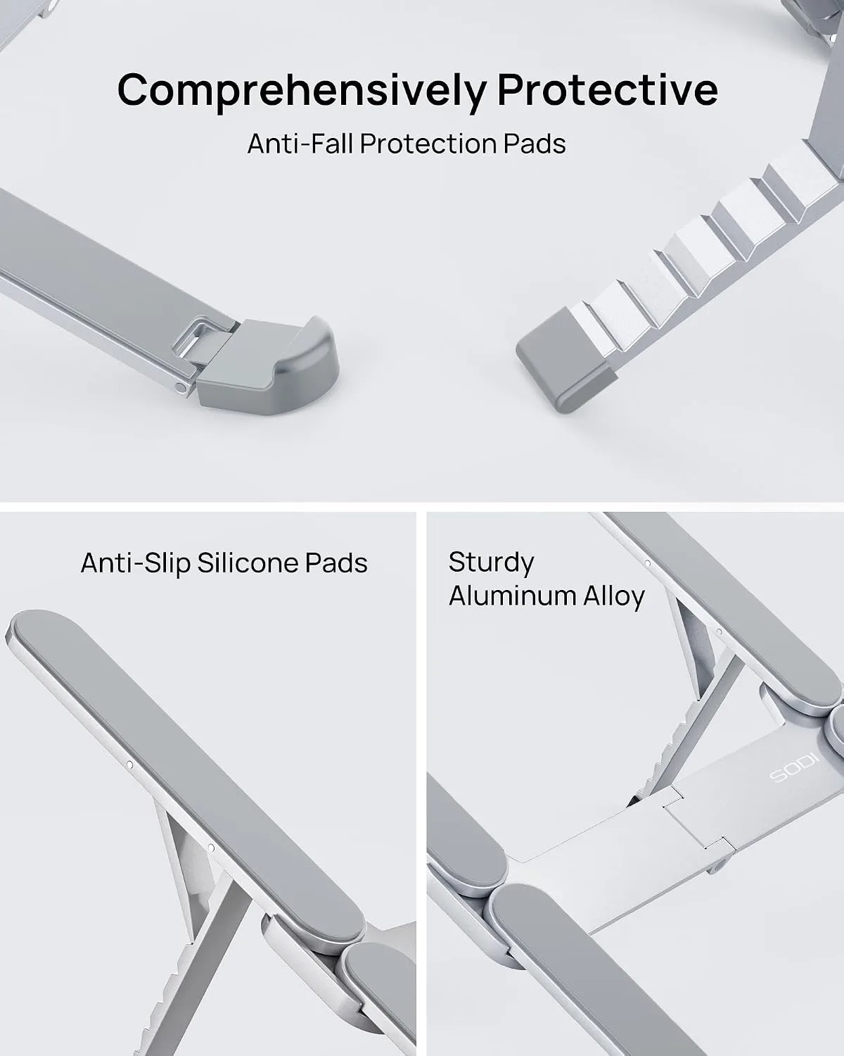 SODI Ultra Compact Foldable Laptop Stand - Portable Laptop Holder for Desk & Travel Use, Ergonomic Aluminum Computer Holder with Adjustable Height for MacBook, Tablet 10-16" (Light Gray, Bi-Fold)