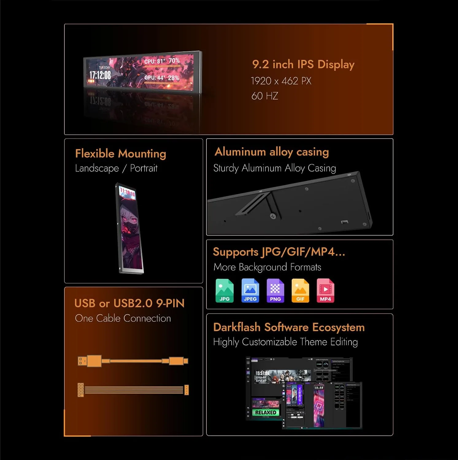 darkFlash V92 9.2" PC Case Screen, 1920x462 IPS Sensor Panel Monitor, Black