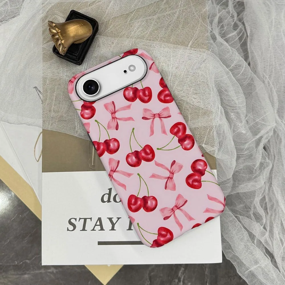 Case Compatible with iPhone 17 Air,Fall Prevention Hybrid 2-Layer Hard Shell Phone Cover for Girls Boys,Pink Bow Cherry Ribbon Fruit