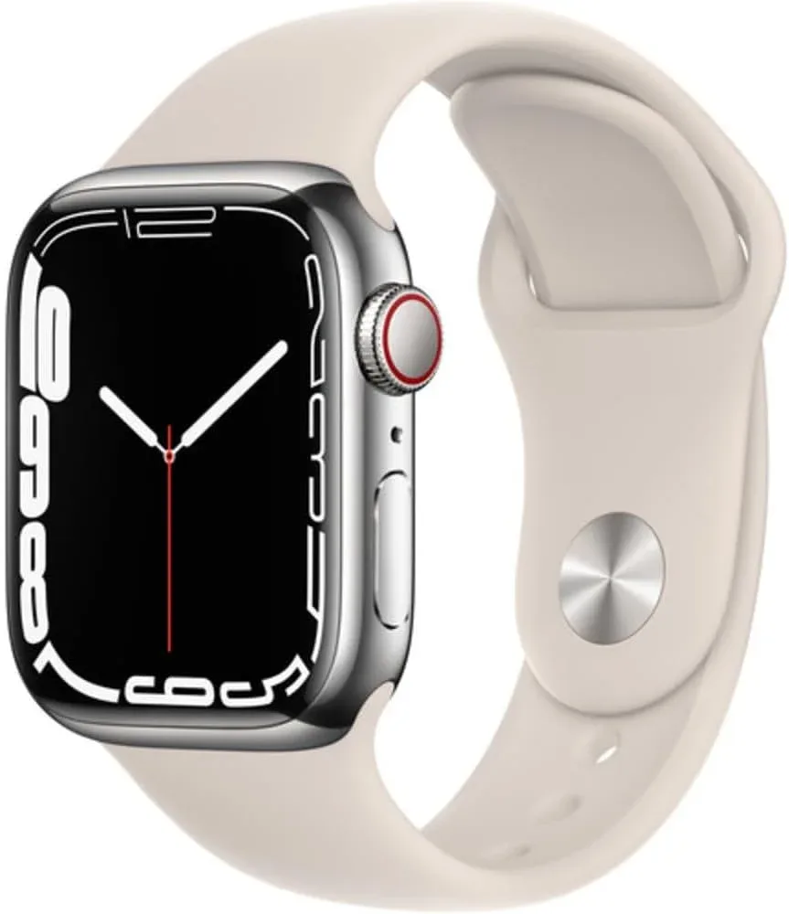 Apple Watch Series 7 (GPS + Cellular, 41MM) Silver Stainless Steel Case with Starlight Sport Band (Renewed)