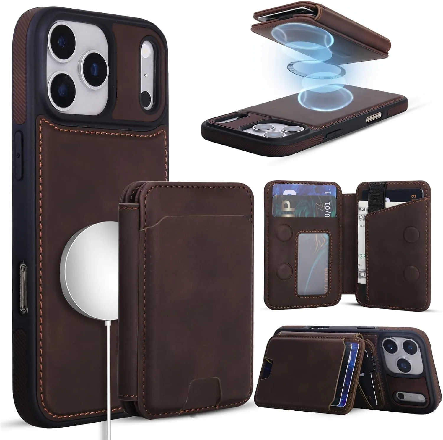 Magnetic Detachable Wallet Case for iPhone 18/17 Pro Max with Kickstand,2-in-1 MagSafe Compatible RFID Blocking Card Holder,Slim PU Leather Cover Vintage Brown