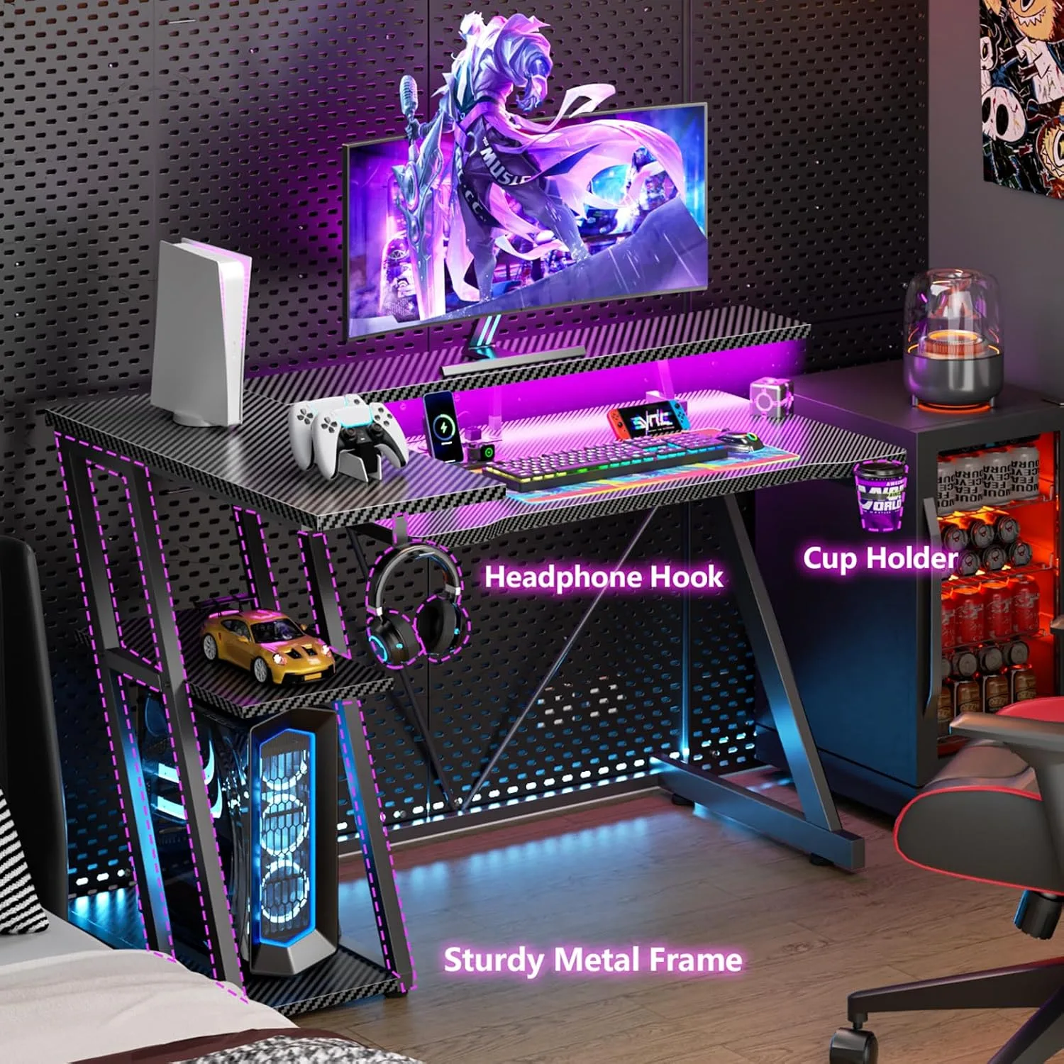 Korfile 40 Inch Gaming Desk with Power Outlet, LED, Carbon Fiber Black