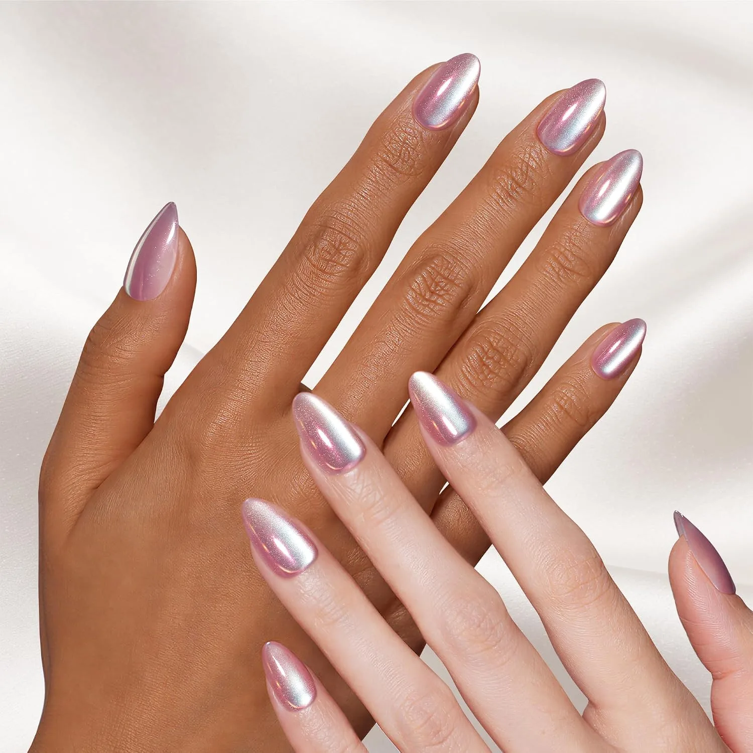 Beetles Chrome Press On Nails, Purple Cat Eye, Short Almond, 32 PCS