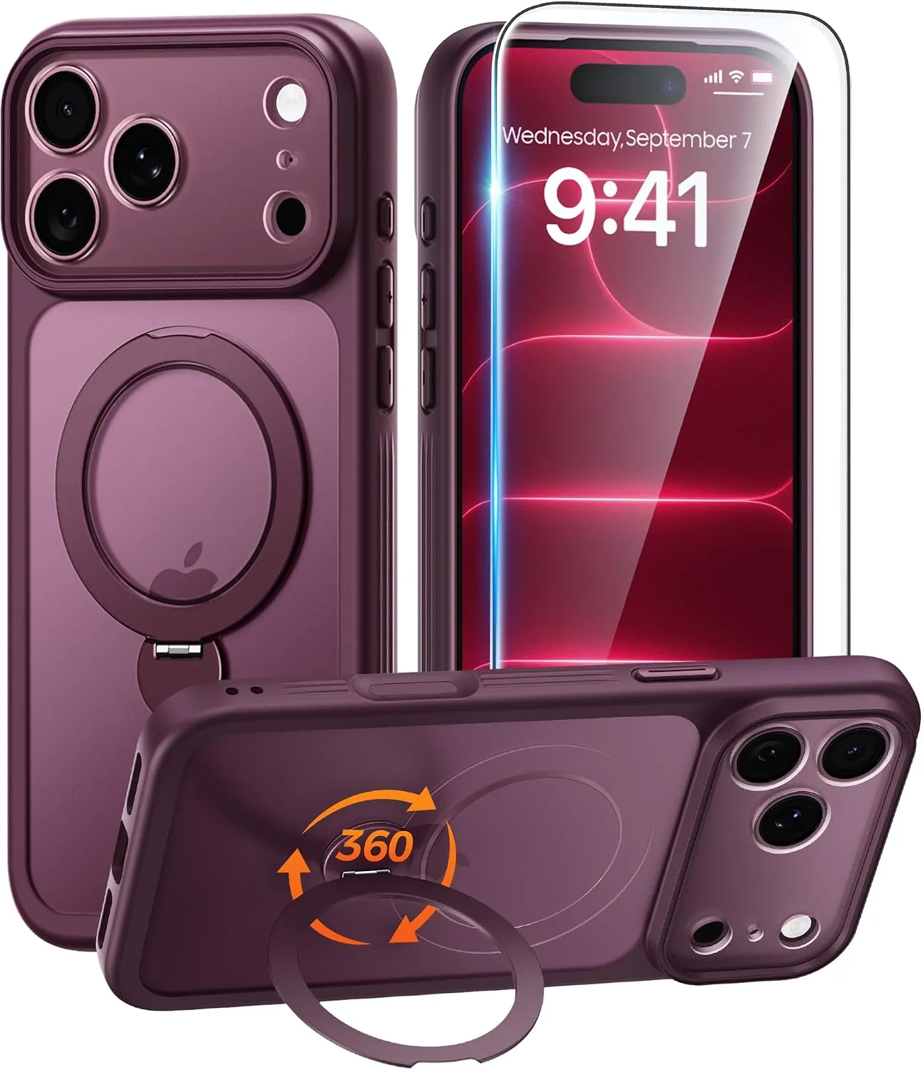 for iPhone 17 Pro Max Case with 360 Spin Stand, Burgundy