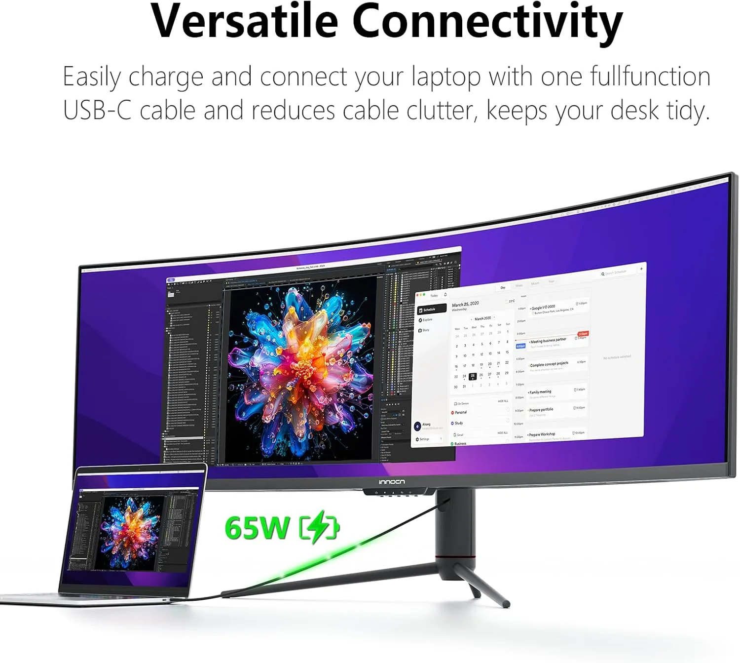 INNOCN 49" Curved Gaming Monitor 144Hz Ultrawide 32:9 WDFHD 3840 x 1080P, R1800, 99% sRGB, HDR400, USB Type C, DisplayPort, HDMI, Built-in Speakers, Height/Tilt Adjustable - 49C1G