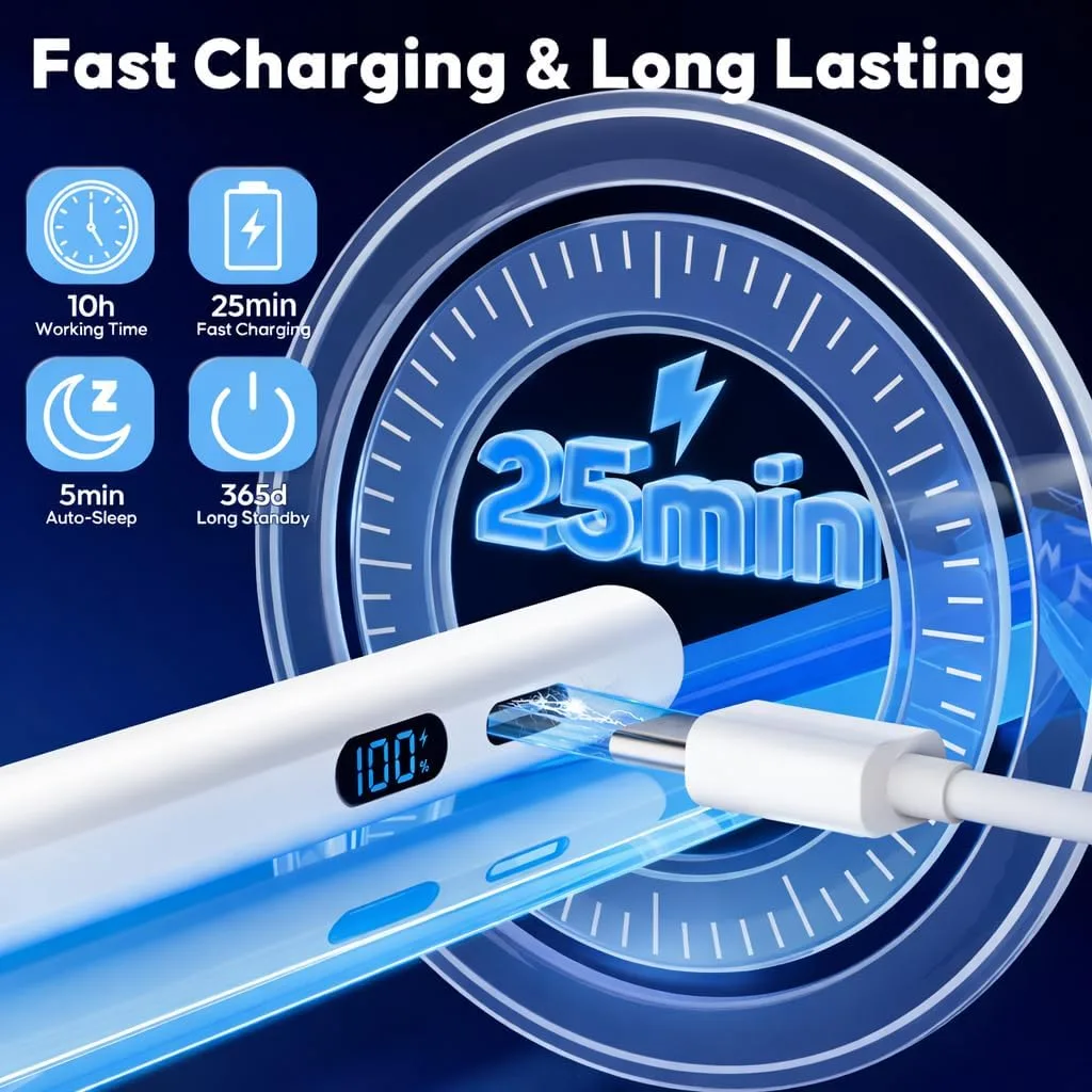 A-PCE iPad Pencil 2018-2026, Fast Charging Stylus with LED Display, White