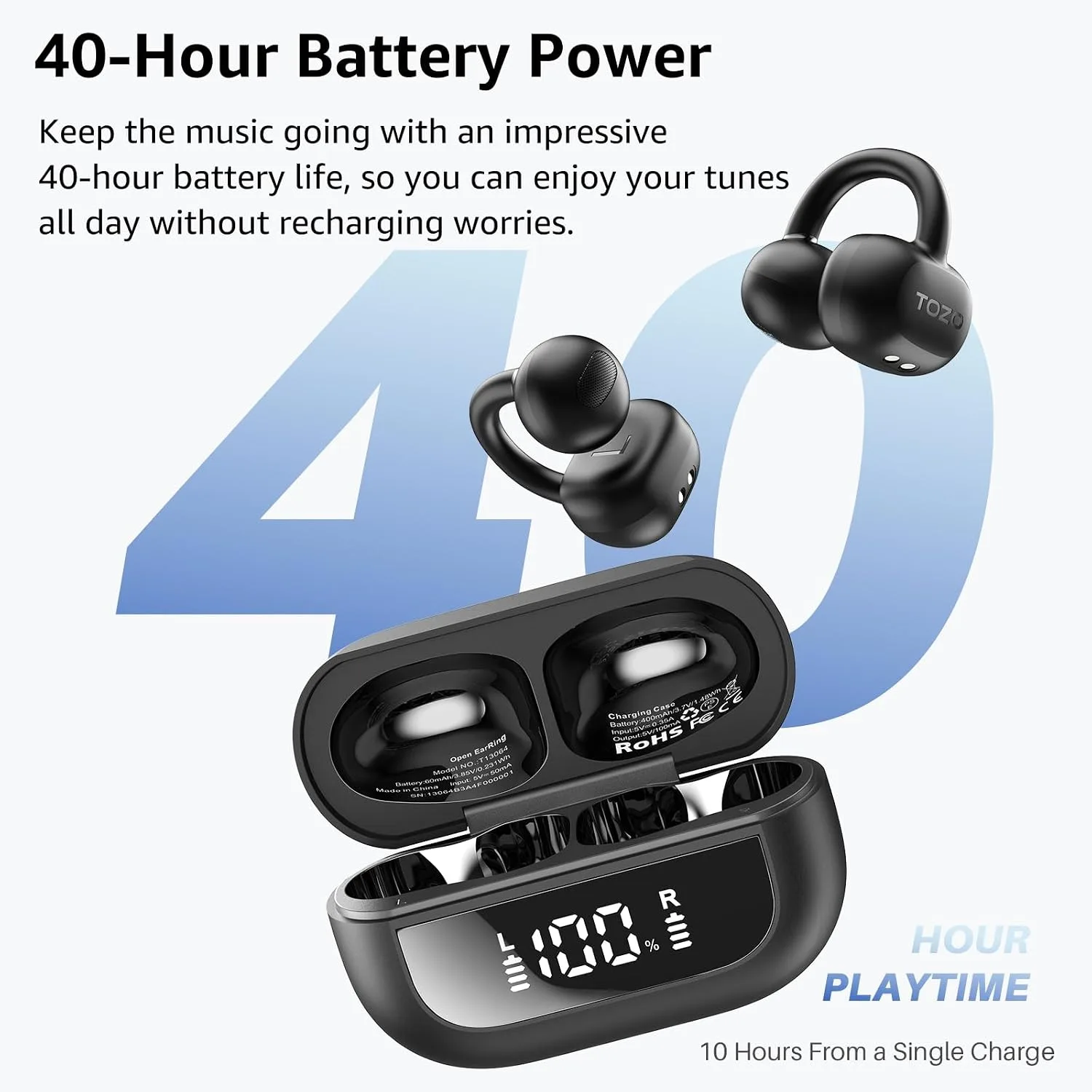 TOZO OpenEarRing Open Ear Earbuds 40H Bluetooth 5.4 Lightweight Comfort