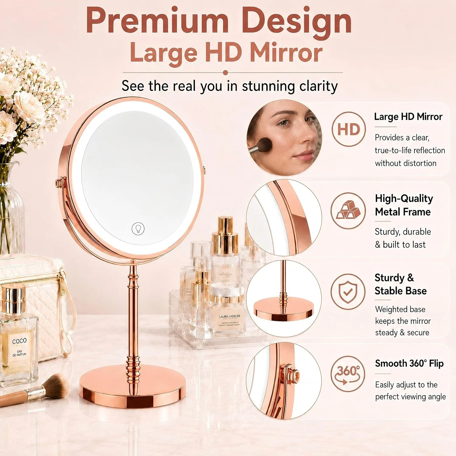 DEIOVWXS Makeup Mirror, Rechargeable Vanity Mirror with 3 Lights, 1X/10X