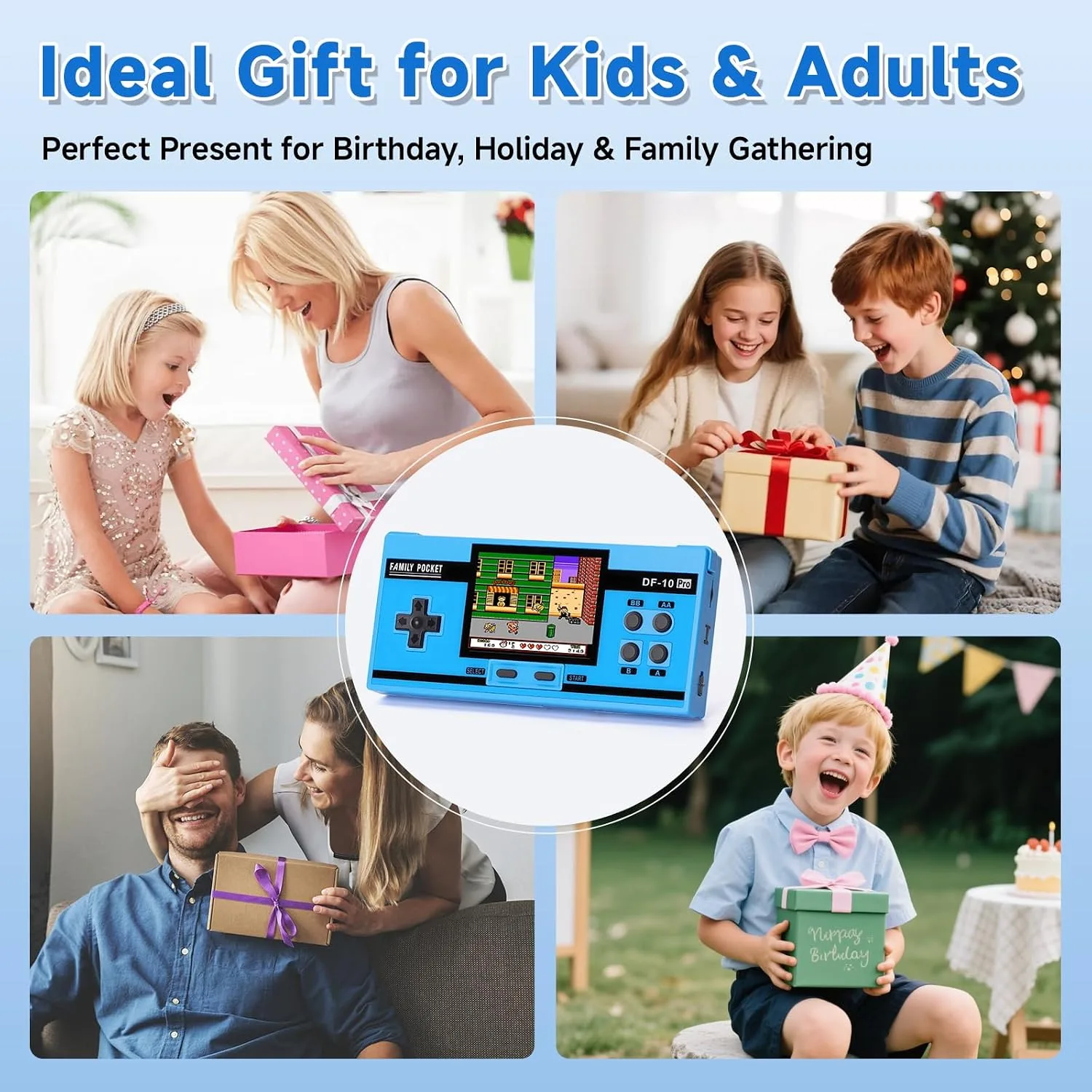Handheld Game for Kids, 10 Preloaded Classic Retro Games, 3.0'' IPS Screen Portable Gaming Device, Rechargeable Video Game Player, Mini Arcade Travel Electronic Toy Gifts for Boys and Girls (Blue)