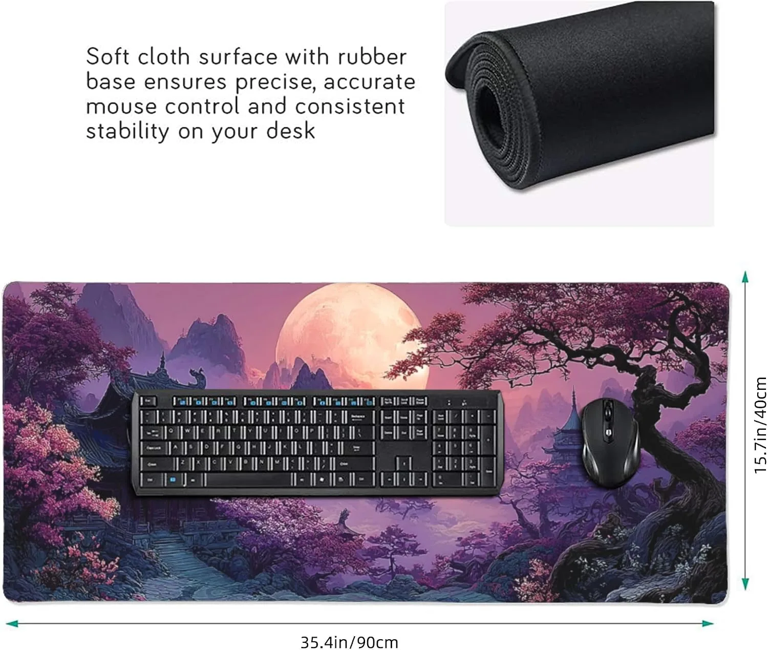Large Gaming Desk Mat, Fantasy Japanese Temple Design, Purple, 35.4" x 15.7", Non-Slip Rubber Base, Stitched Edges
