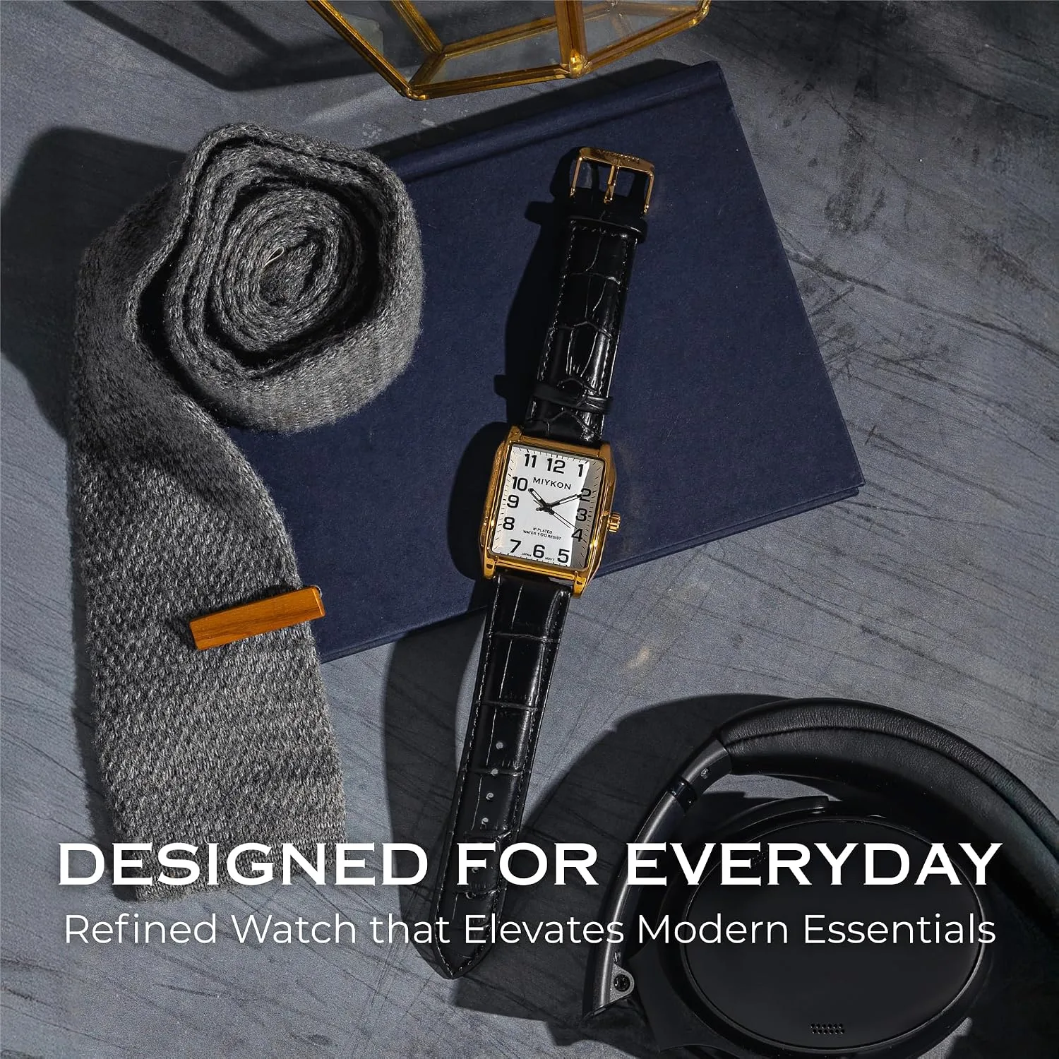 Miykon Men Vintage Tank Dress Watch, Genuine Leather Strap, Water Resistant