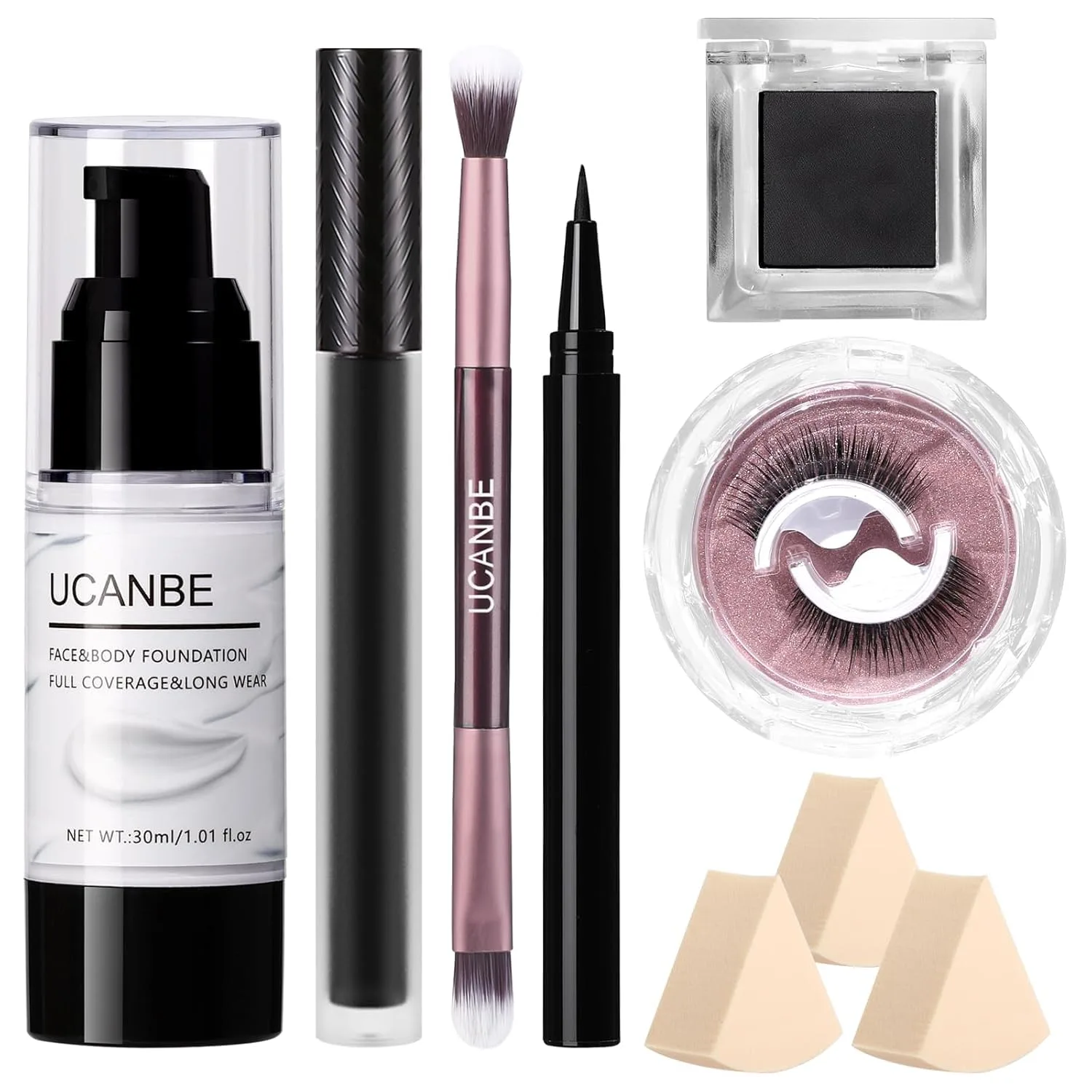 UCANBE Halloween Makeup Kit – Black Eyeshadow, White Liquid Foundation, Black Liquid Lipstick & Eyeliner, Self Adhensive Eyelashes, Brush & Sponges Makeup Set for SFX Cosplay Skeleton Skull Demon
