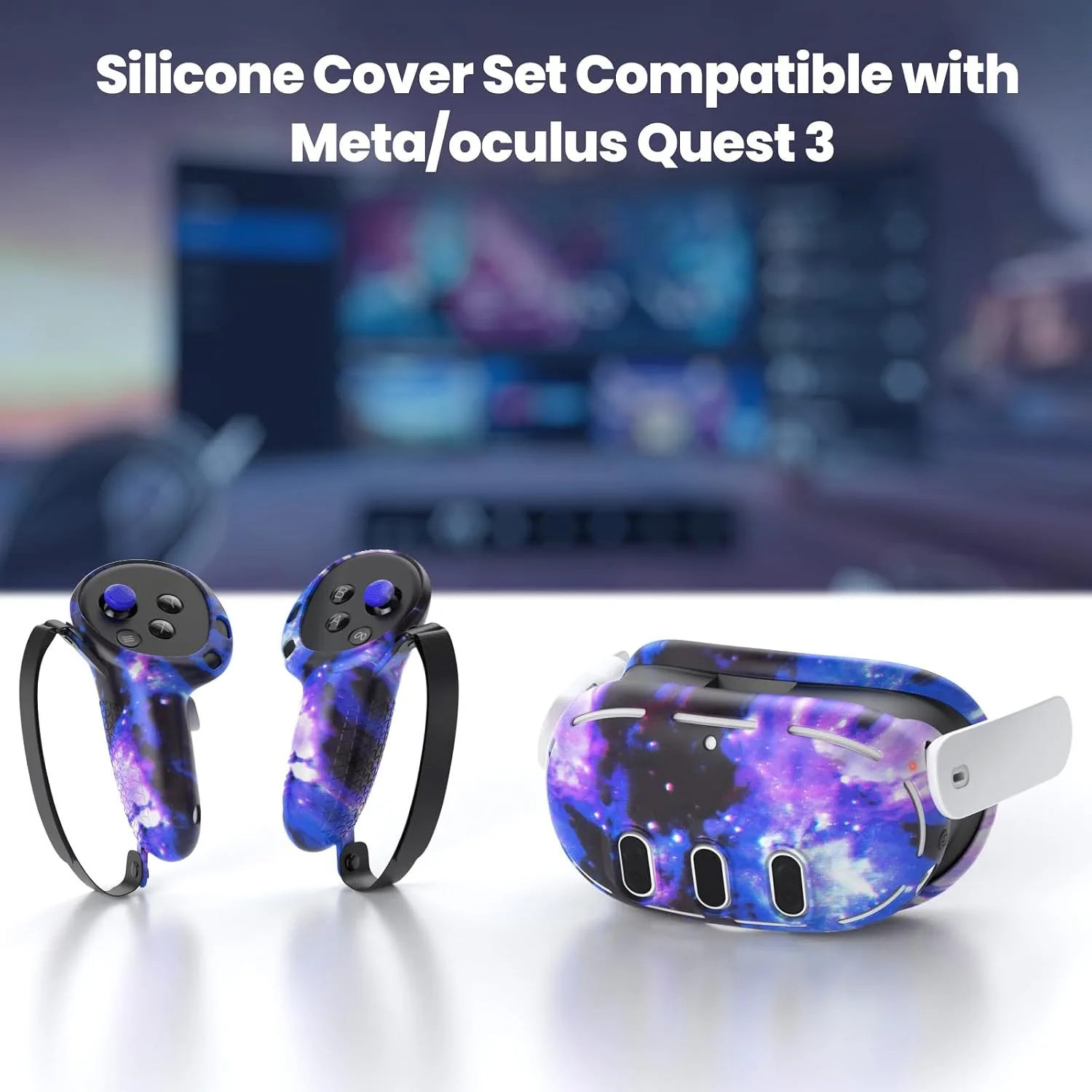 Compatible with Meta Quest 3 Accessories, VR Silicone Face Cover, VR Shell Cover,Touch Controller Grip Cover,Camera Lens Protector Set Compatible with Oculus Quest 3 (Starry Purple)