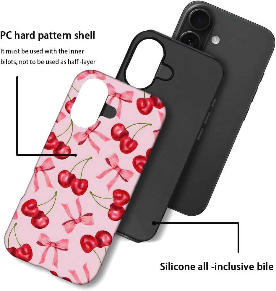 Case Compatible with iPhone 17,Fall Prevention Hybrid 2-Layer Hard Shell Phone Cover for Girls Boys,Pink Bow Cherry Ribbon Fruit