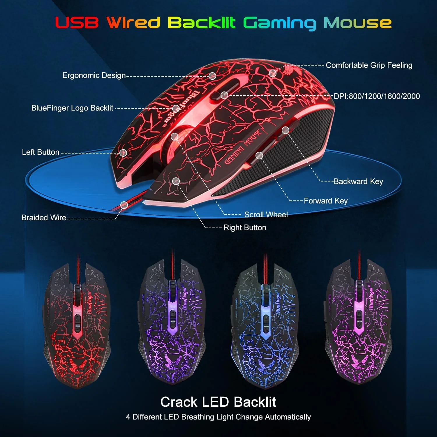 BlueFinger Gaming Keyboard Mouse Headset Combo, USB Wired Crack Backlit,114 Keys Letters Glow LED Keyboard, Red LED Light Headset for Laptop PC Computer Work and Game