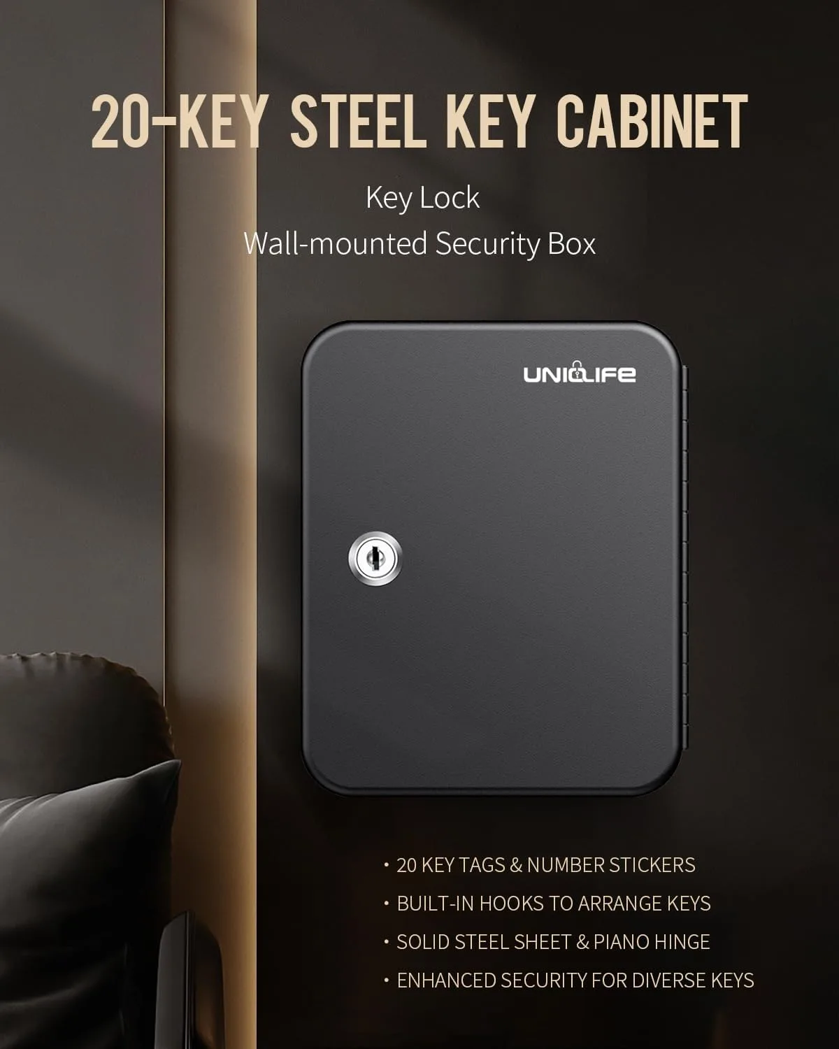 Uniclife 20 Position Key Cabinet with Key Lock Wall Mounted Black Security Storage Box Steel Key Organizer with Colorful Key Tag Labels Stickers and Hooks