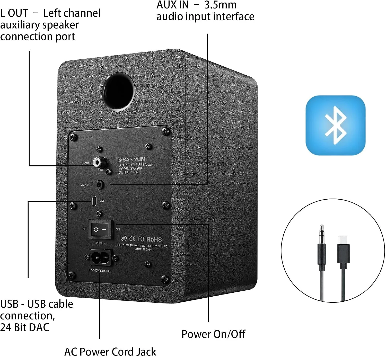 Sanyun SW208 3" Active Bluetooth 5.0 Bookshelf Speakers, Built-in 24bit DAC