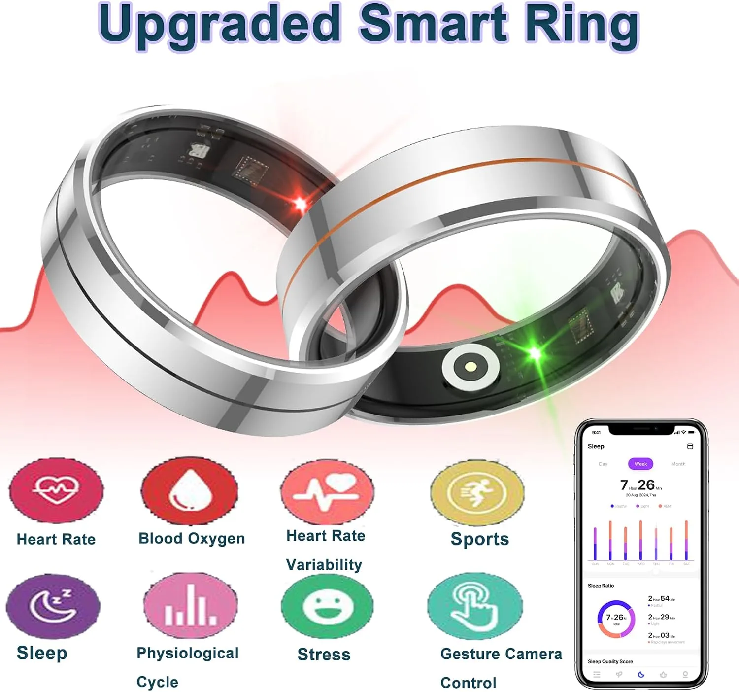 Smart Ring for Women & Men, Health Tracker with Blood Oxygen Monitor, Heart Rate & Sleep Monitor, 4-7 Days Battery, Waterproof Fitness Ring Size #10