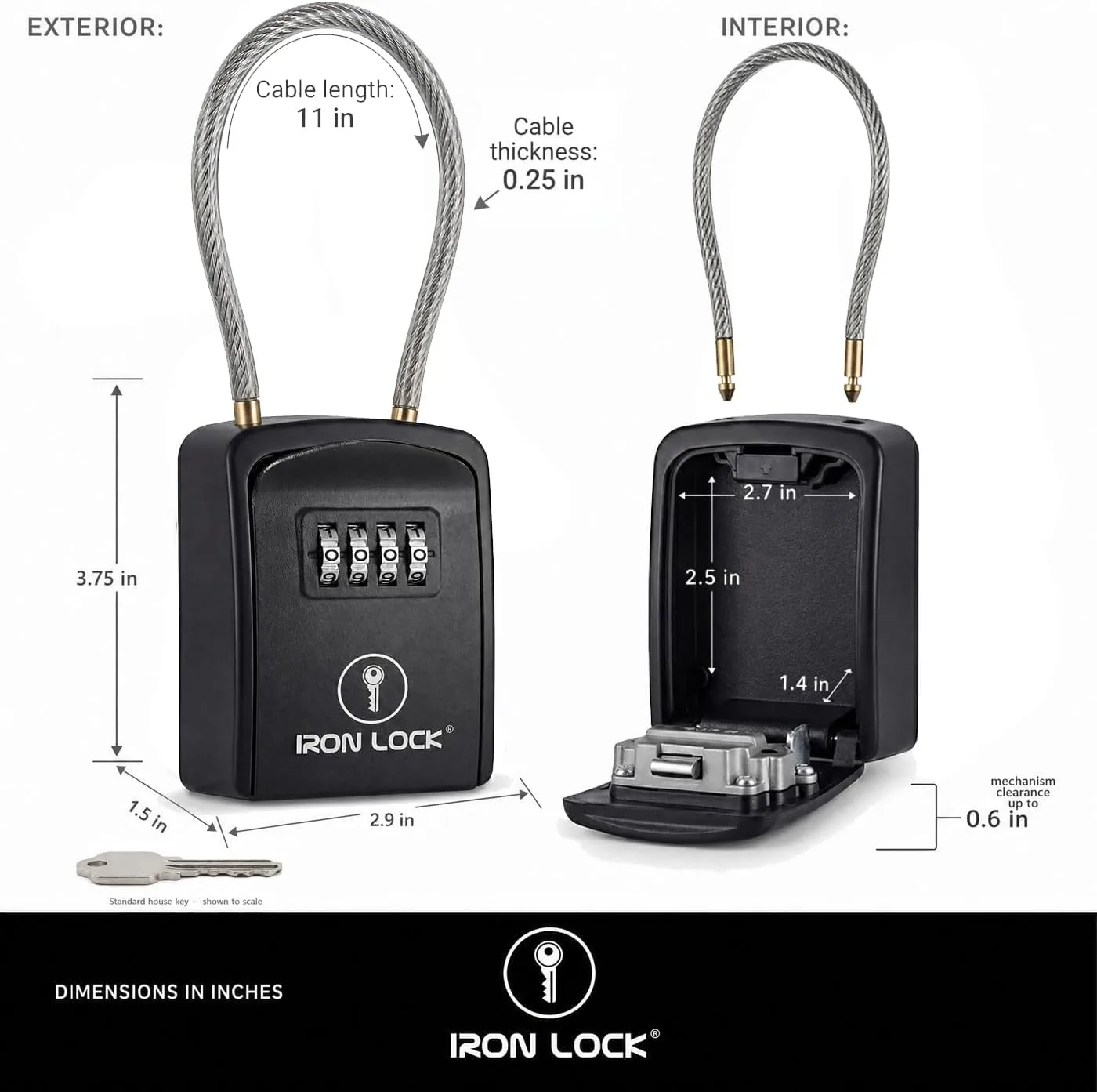 Iron Lock® Key Lock Box with Code, Portable Cable Shackle (Small, Black)