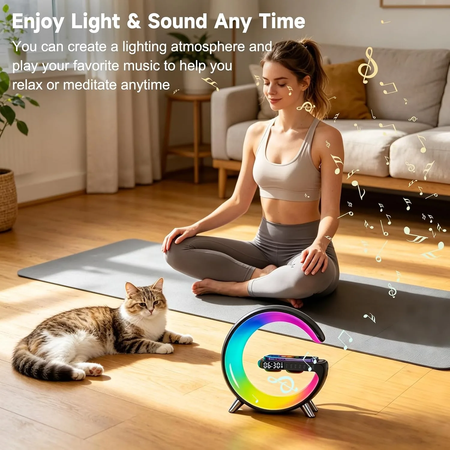 Smart LED Table Lamp, 4 in 1 RGB Night Light, Alarm Clock, Wireless Charger, Bluetooth Speaker with App Control, G-Shape Bedside Atmosphere Lamp for Bedroom Office Home Decor, Teen Girls Boys Gifts