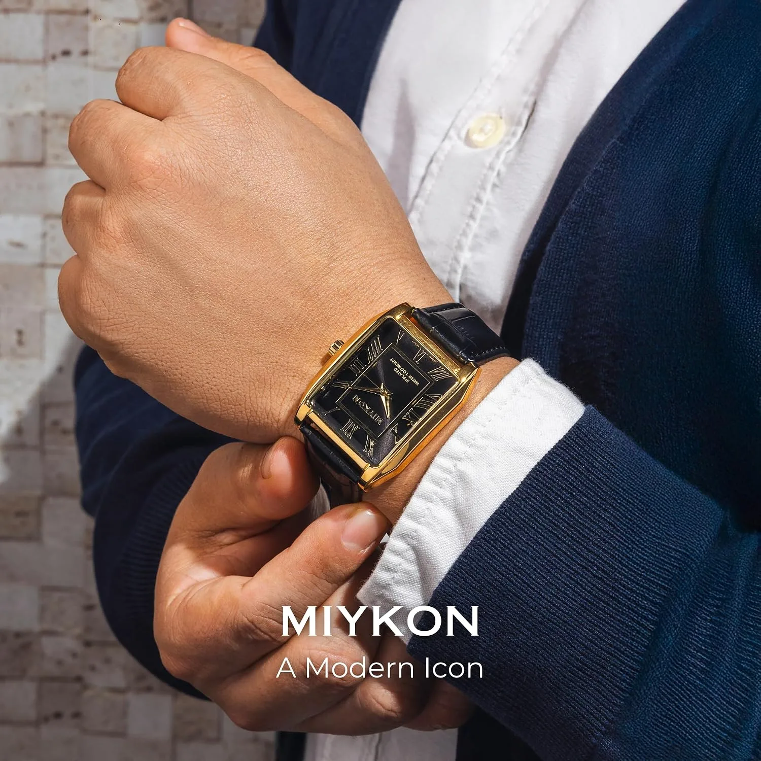 Miykon Men Vintage Tank Dress Watch, Genuine Leather Strap, Water Resistant