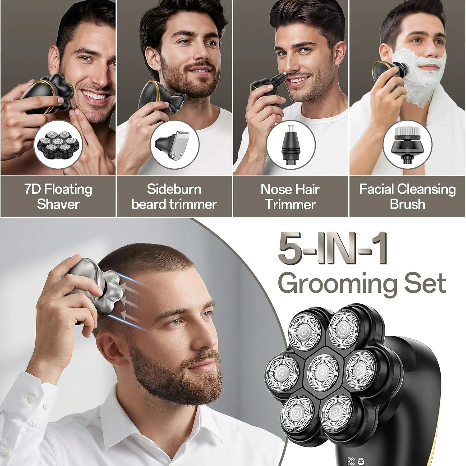 Head Shaver for Bald Men, Electric Shaver 7D Floating Magnetic Head Shaver, 5 in 1 Waterproof Electric Razor for Men IPX7 Wet Dry Beard Trimmer Type-C Fast Charge LED (Black)