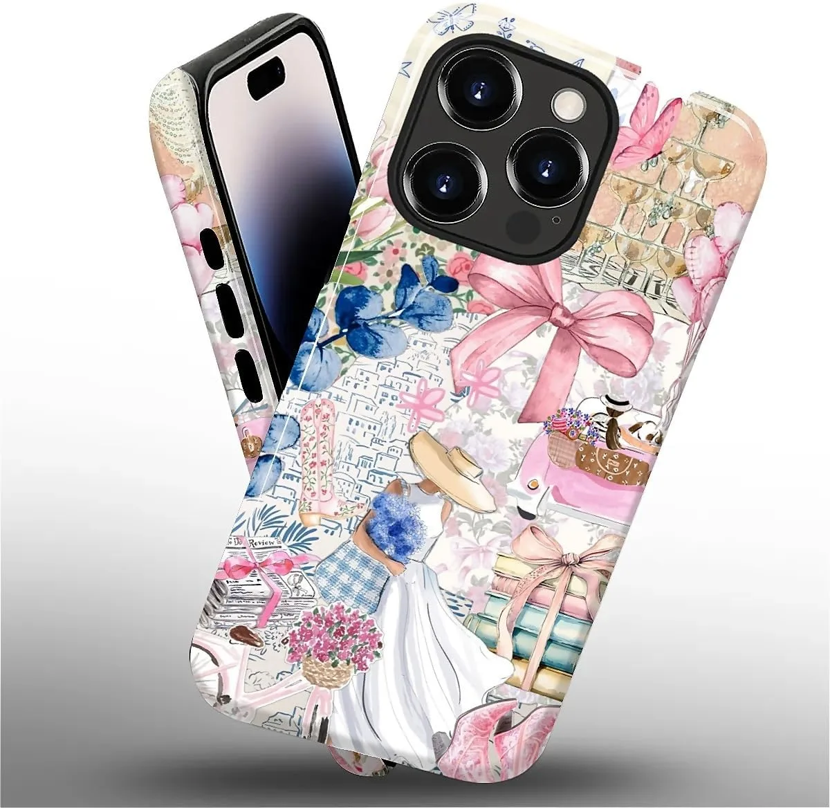 DAIZAG Case for iPhone 14 Pro Max,Mixed 2 Layer Design Shockproof Soft TPU Ddouble Protection Phone Case for iPhone 14 Pro Max-Magazine Books Flower Bow Collage