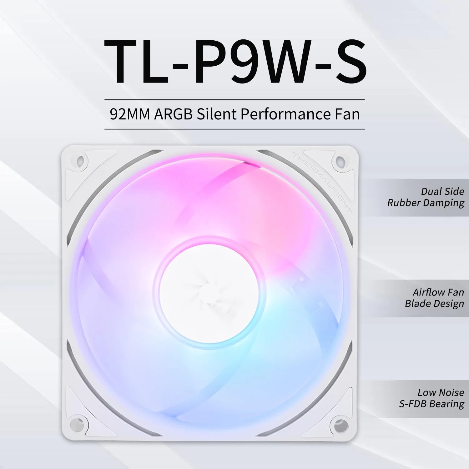 Thermalright TL-P9W-S CPU Fan, Computer Case ARGB Fan Quiet 4PIN PWM PC Cooling, High Performance 92mm Silent Cooler, 2200RPM Speed, CPU Cooling (White)